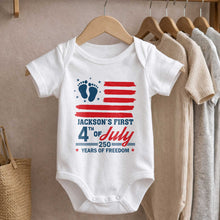 Load image into Gallery viewer, Personalized 4th of July Baby Onesie Custom Name USA Flag Gift
