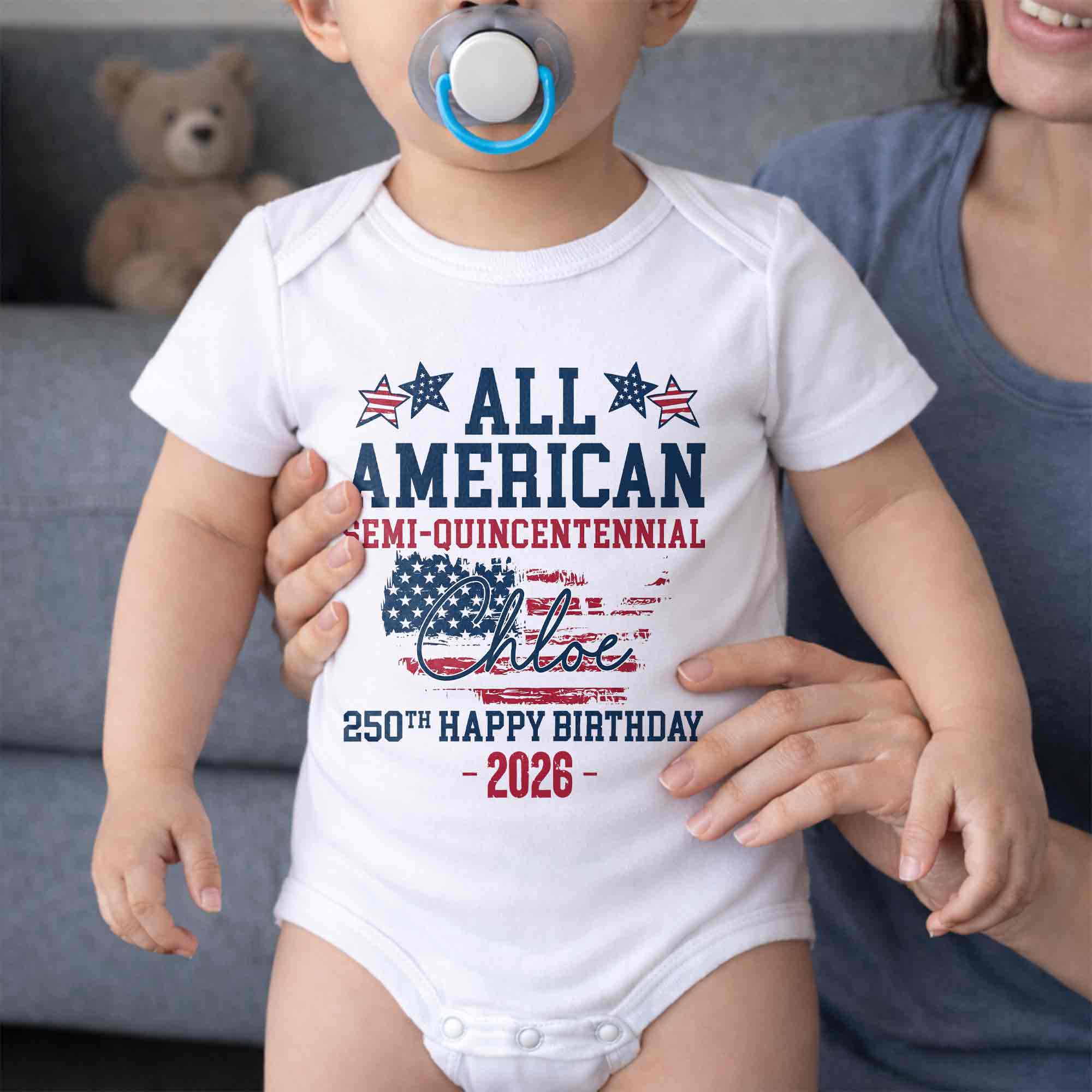 Personalized Baby Onesie USA Flag Custom Name 4th of July Gift