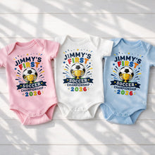 Load image into Gallery viewer, Personalized Baby Onesie Custom Name Soccer Championship Gift
