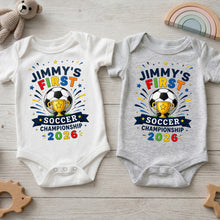 Load image into Gallery viewer, Personalized Baby Onesie Custom Name Soccer Championship Gift
