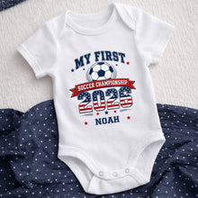Load image into Gallery viewer, Personalized Baby Onesie My First Soccer Championship Gift
