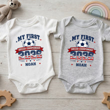 Load image into Gallery viewer, Personalized Baby Onesie My First Soccer Championship Gift
