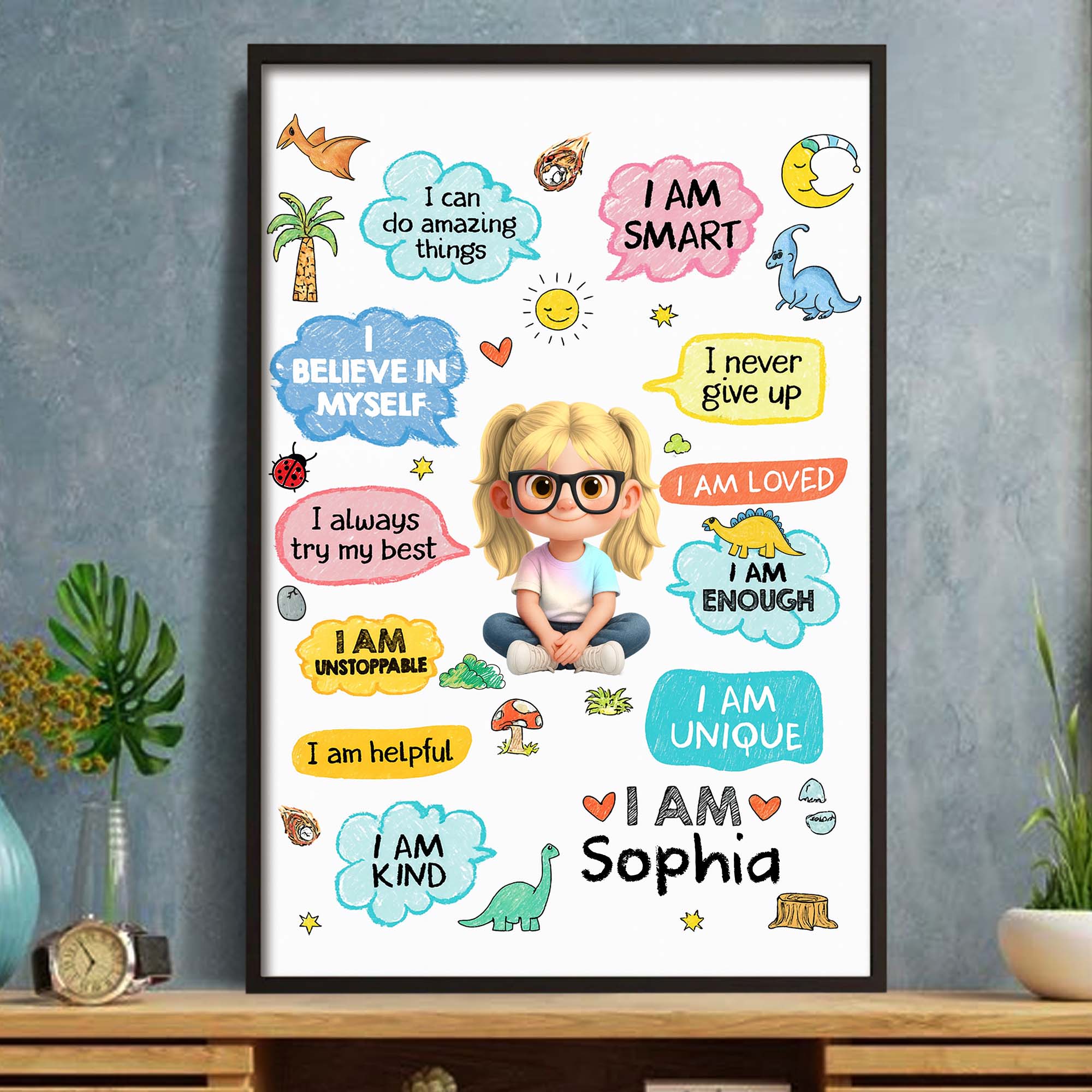 Personalized Dinosaur Affirmations Poster Custom Kid Gift