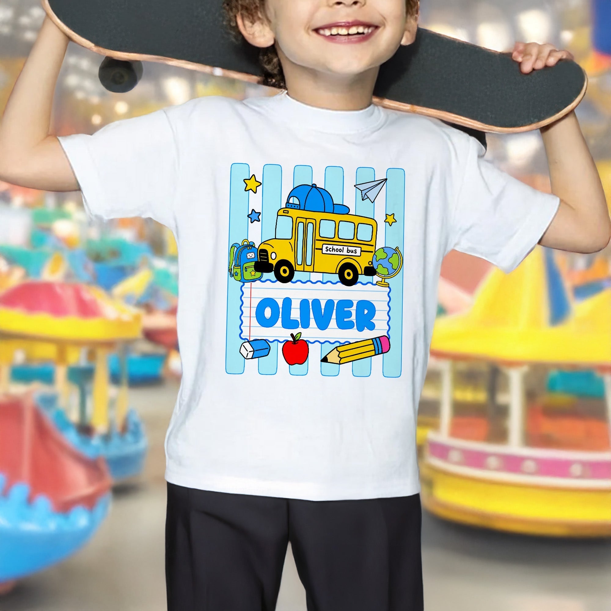 Personalized Youth T-Shirt with School Bus Design for Kids