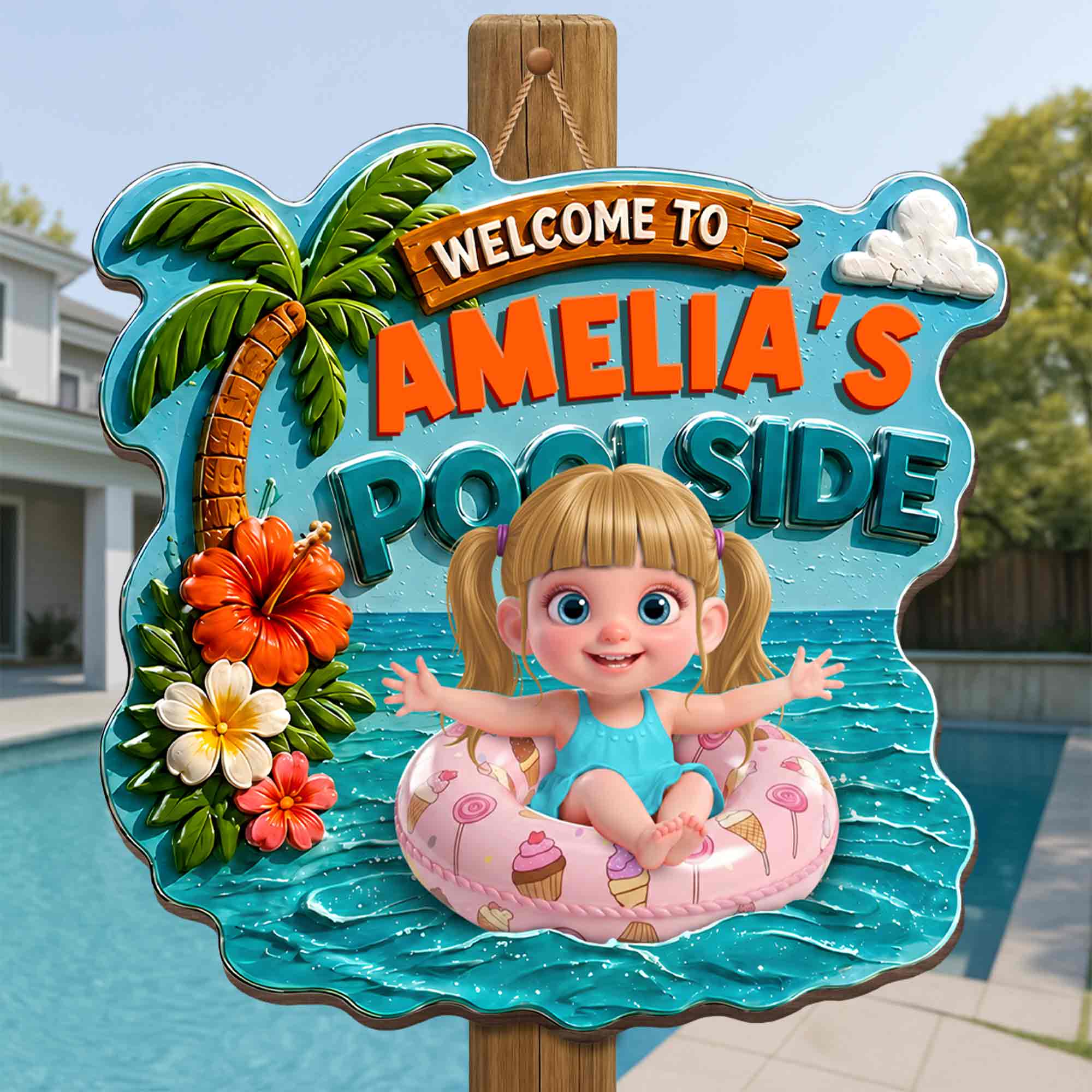 Personalized Custom Shaped Wood Sign Tropical Flower Poolside Decor