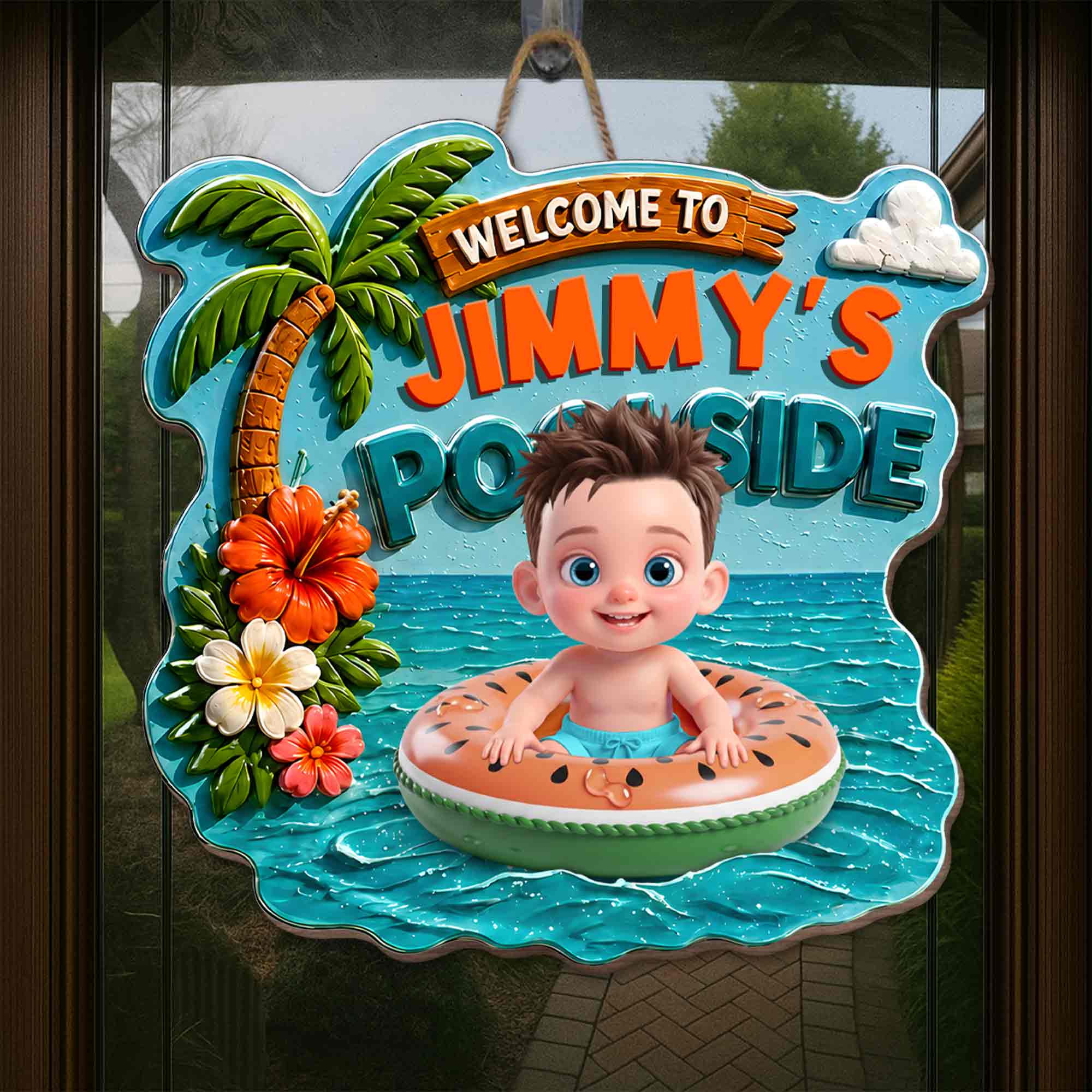 Personalized Custom Shaped Wood Sign Tropical Flower Poolside Decor
