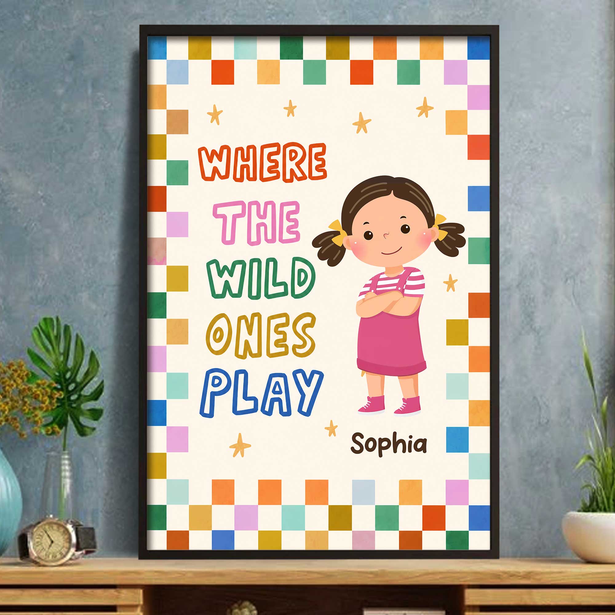 Personalized Kids Custom Vertical Poster Checkered Colorful Art