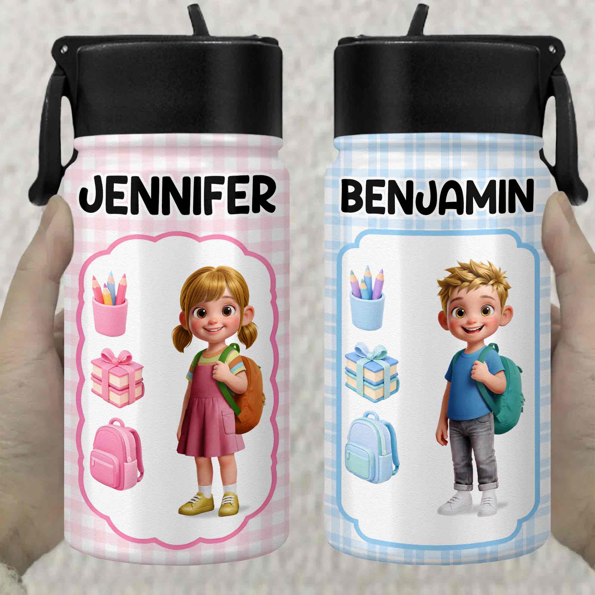 Personalized Kids Water Bottle Custom Name Foldable Straw BPA-Free Gift for Boys