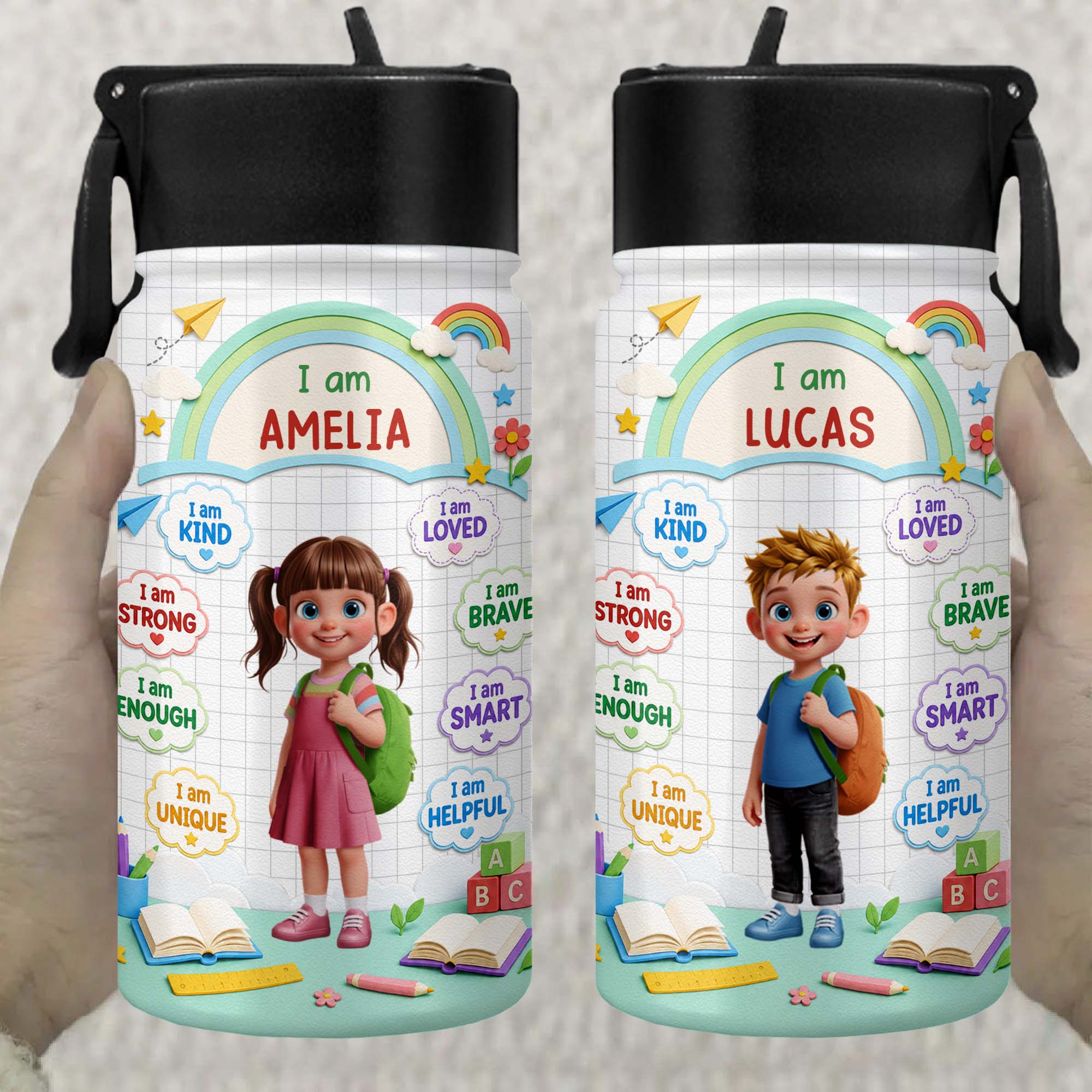 Personalized Kids Water Bottle Custom Name Straw Lid Gift