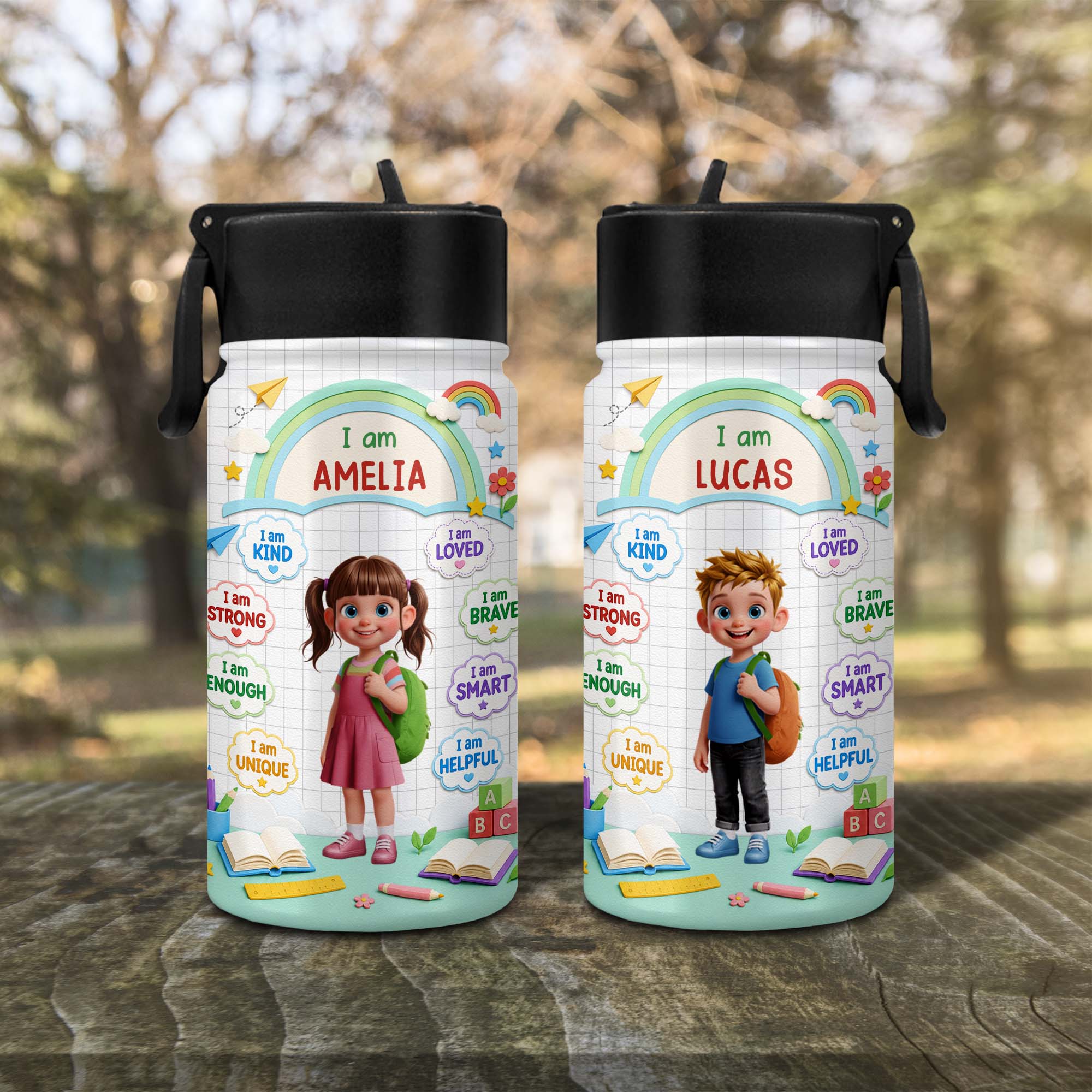Personalized Kids Water Bottle Custom Name Straw Lid Gift