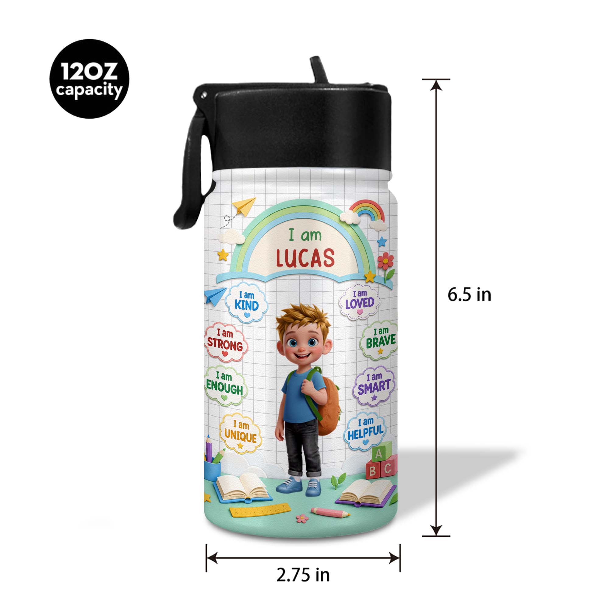 Personalized Kids Water Bottle Custom Name Straw Lid Gift
