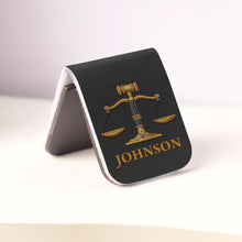 Load image into Gallery viewer, Personalized Leather Bookmark with Gavel and Justice Scales
