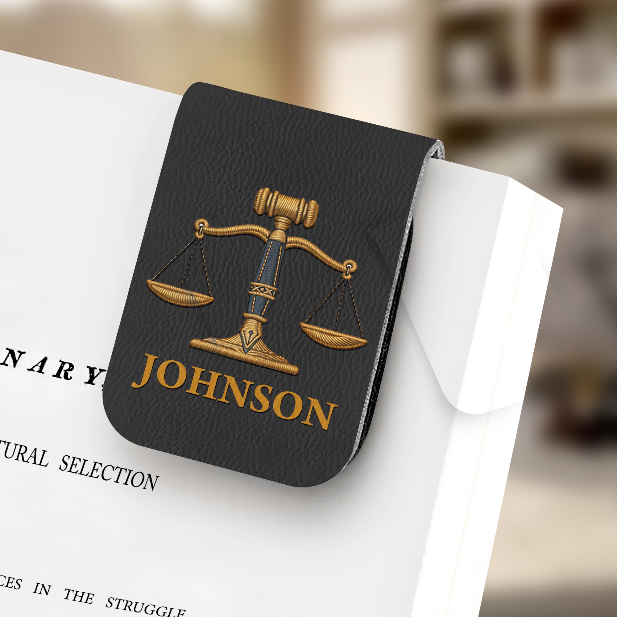 Personalized Leather Bookmark with Gavel and Justice Scales