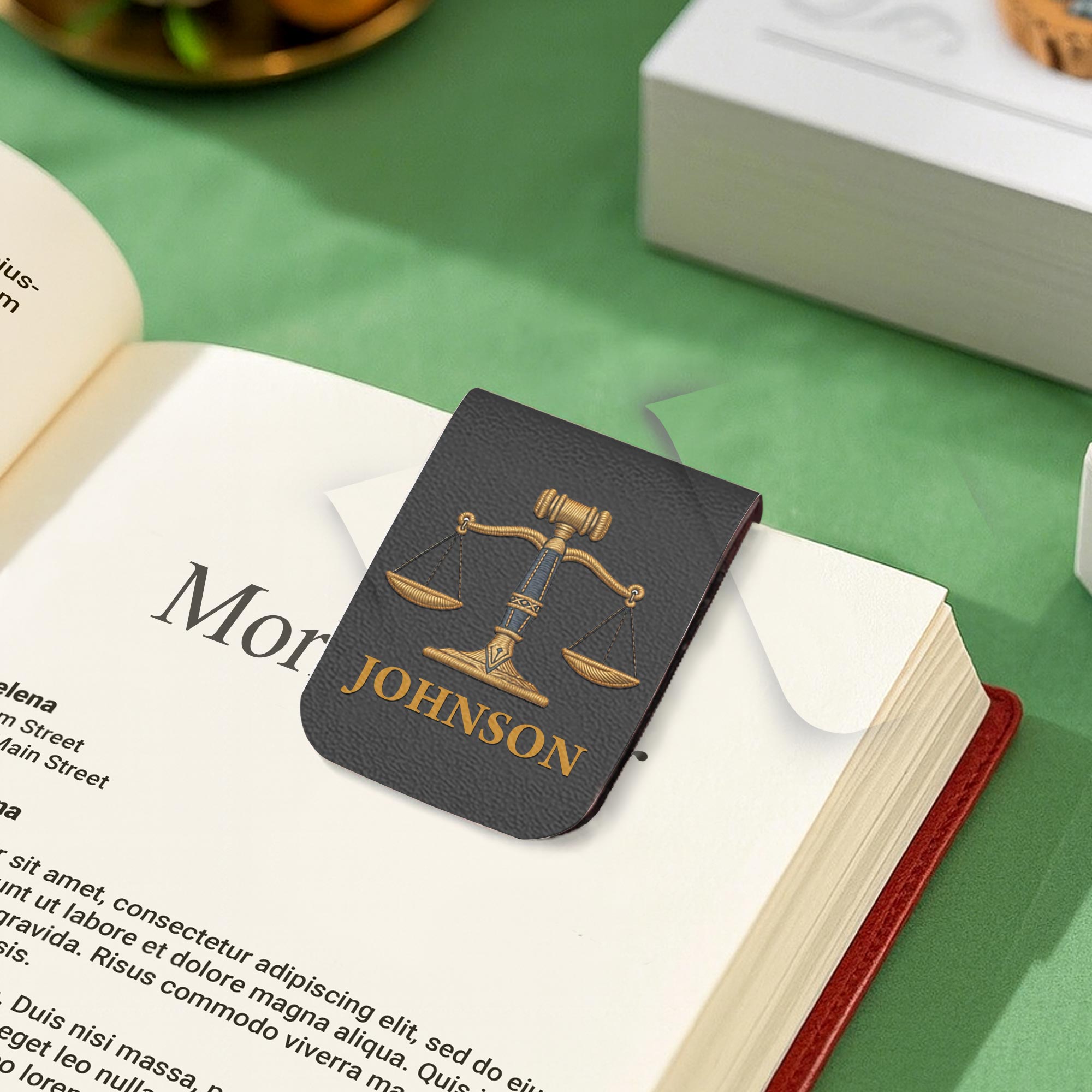 Personalized Leather Bookmark with Gavel and Justice Scales