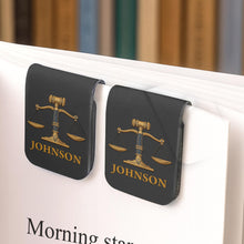 Load image into Gallery viewer, Personalized Leather Bookmark with Gavel and Justice Scales
