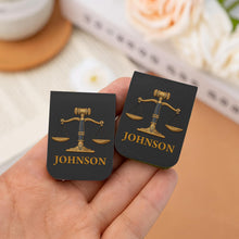 Load image into Gallery viewer, Personalized Leather Bookmark with Gavel and Justice Scales
