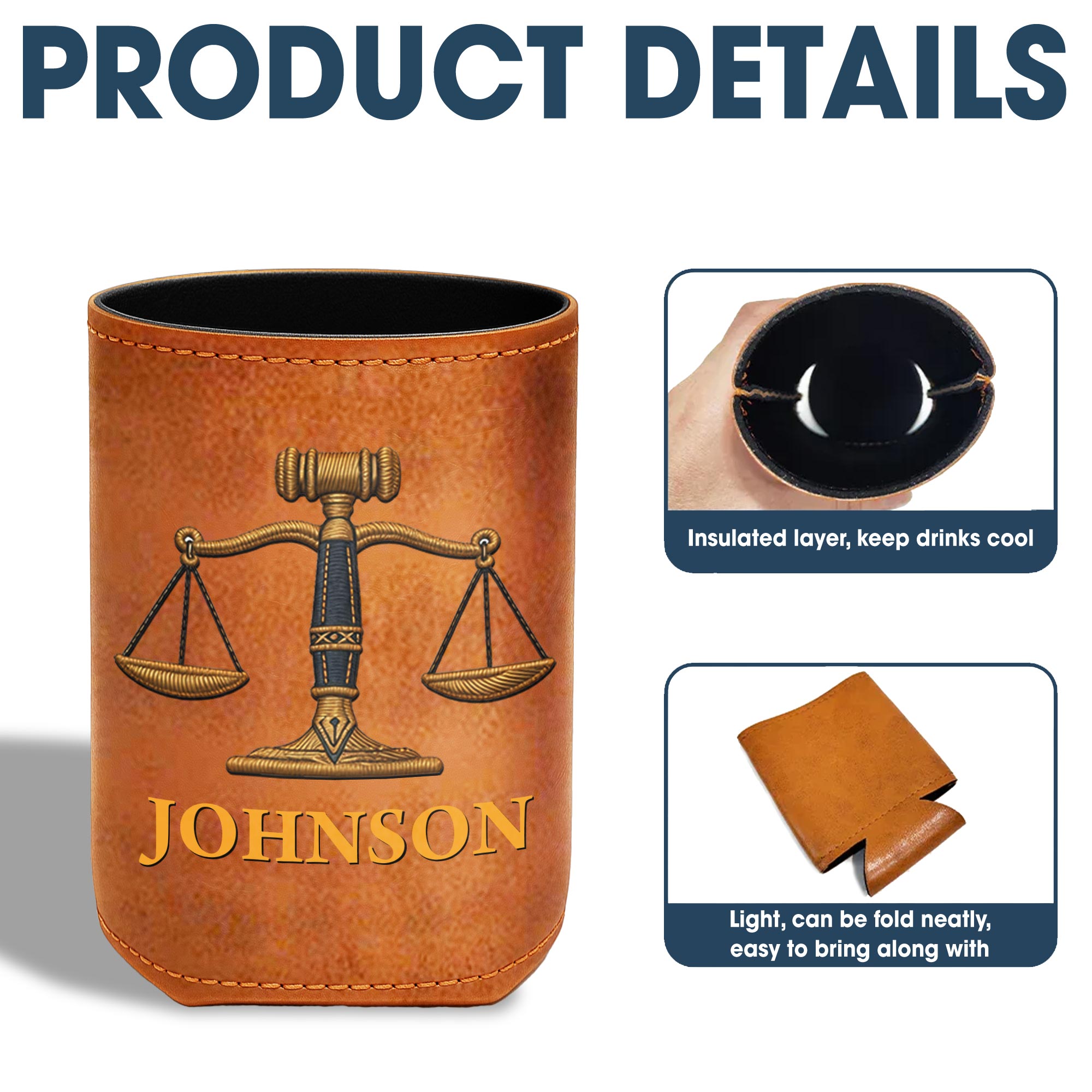 Personalized Leather Can Cooler Custom Name Gift for Lawyer