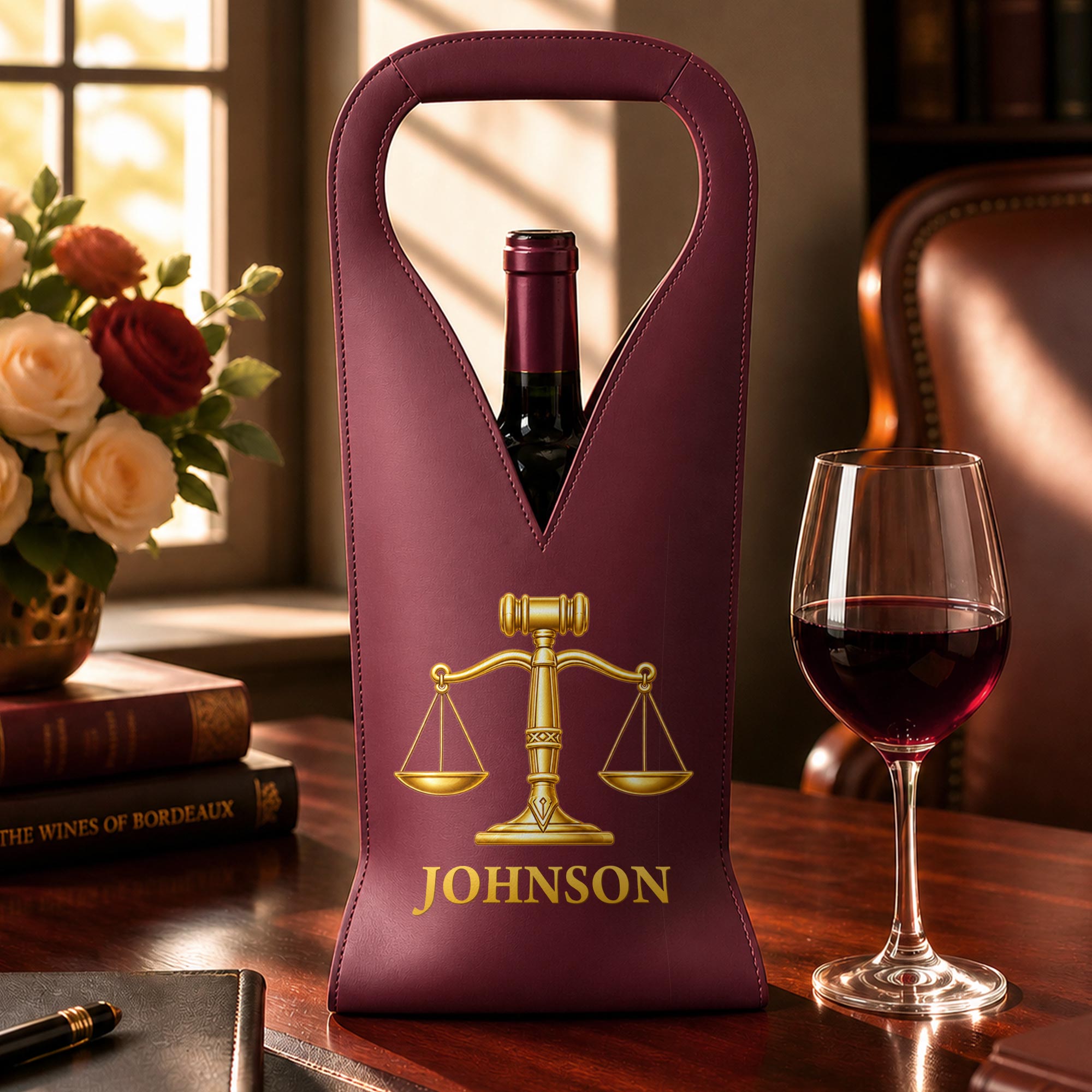 Personalized Leather Wine Bag Custom Name Gift for Lawyer