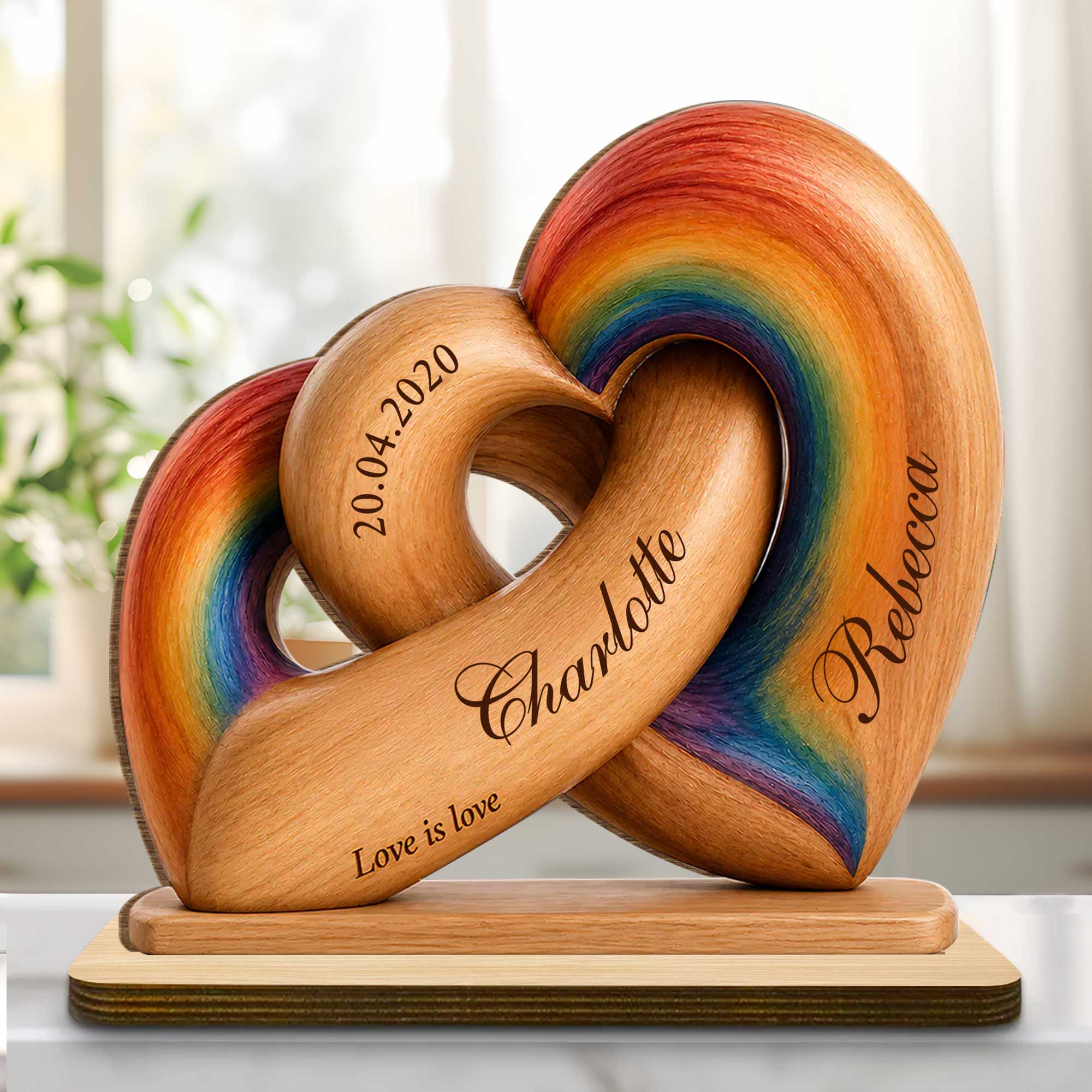 Personalized Intertwined Hearts Wood Plaque Custom Name LGBT Gift
