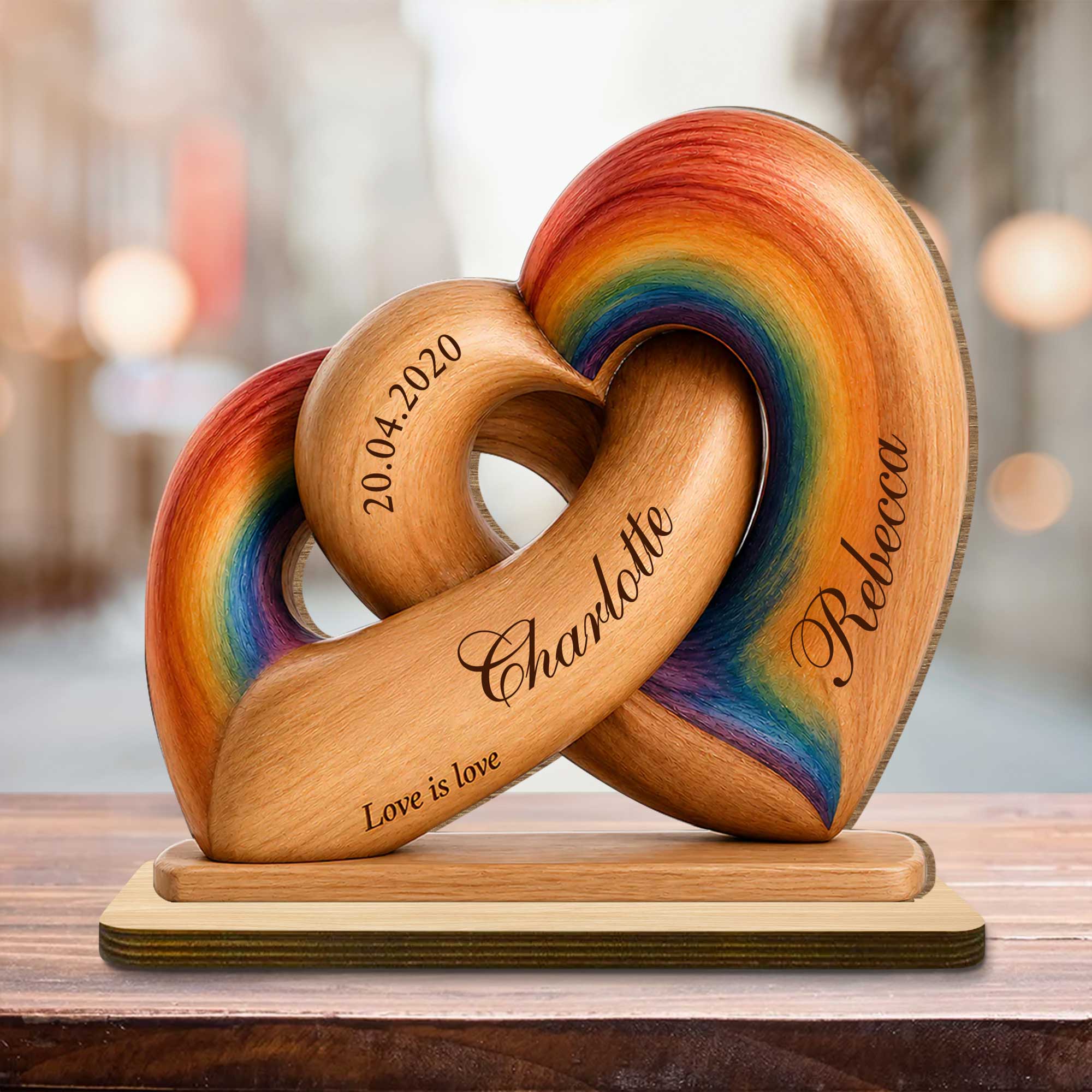 Personalized Intertwined Hearts Wood Plaque Custom Name LGBT Gift