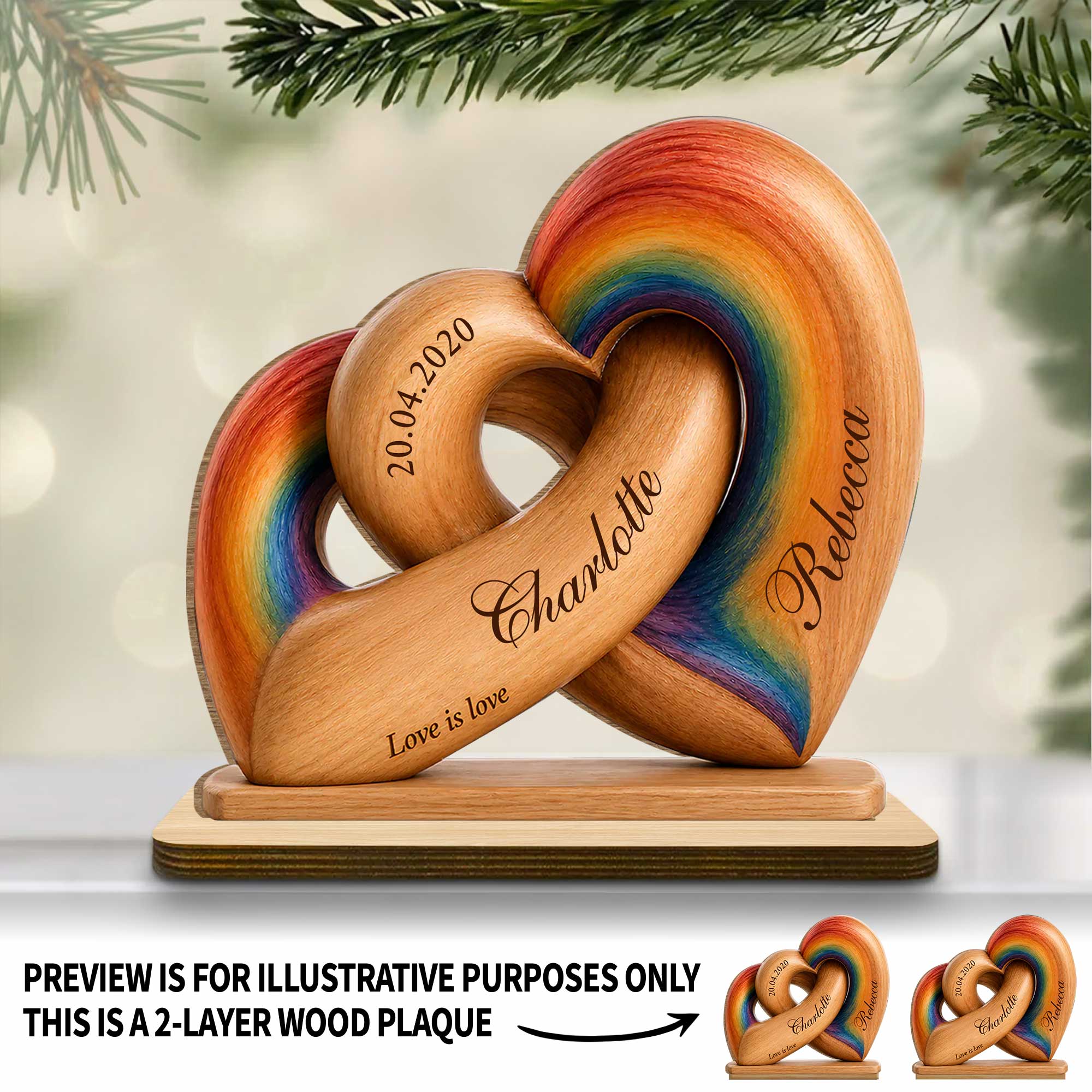 Personalized Intertwined Hearts Wood Plaque Custom Name LGBT Gift