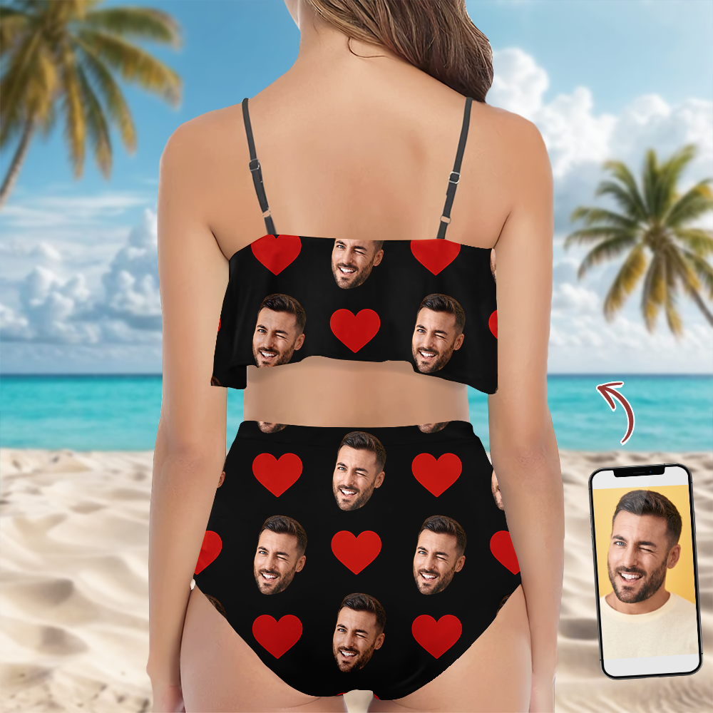 Custom Face Bikini Swimsuit with Heart Pattern Gift for Wife