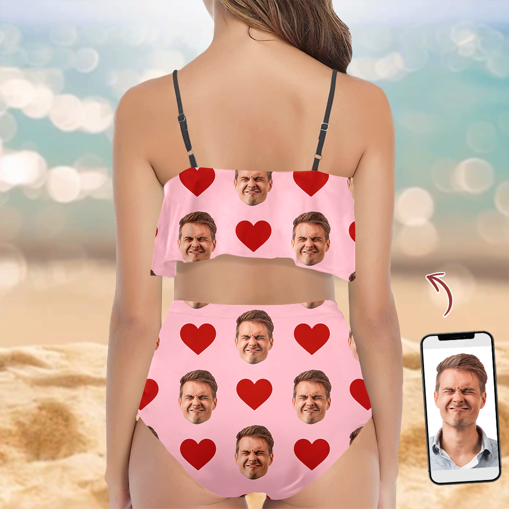 Custom Face Bikini Swimsuit with Heart Pattern Gift for Wife