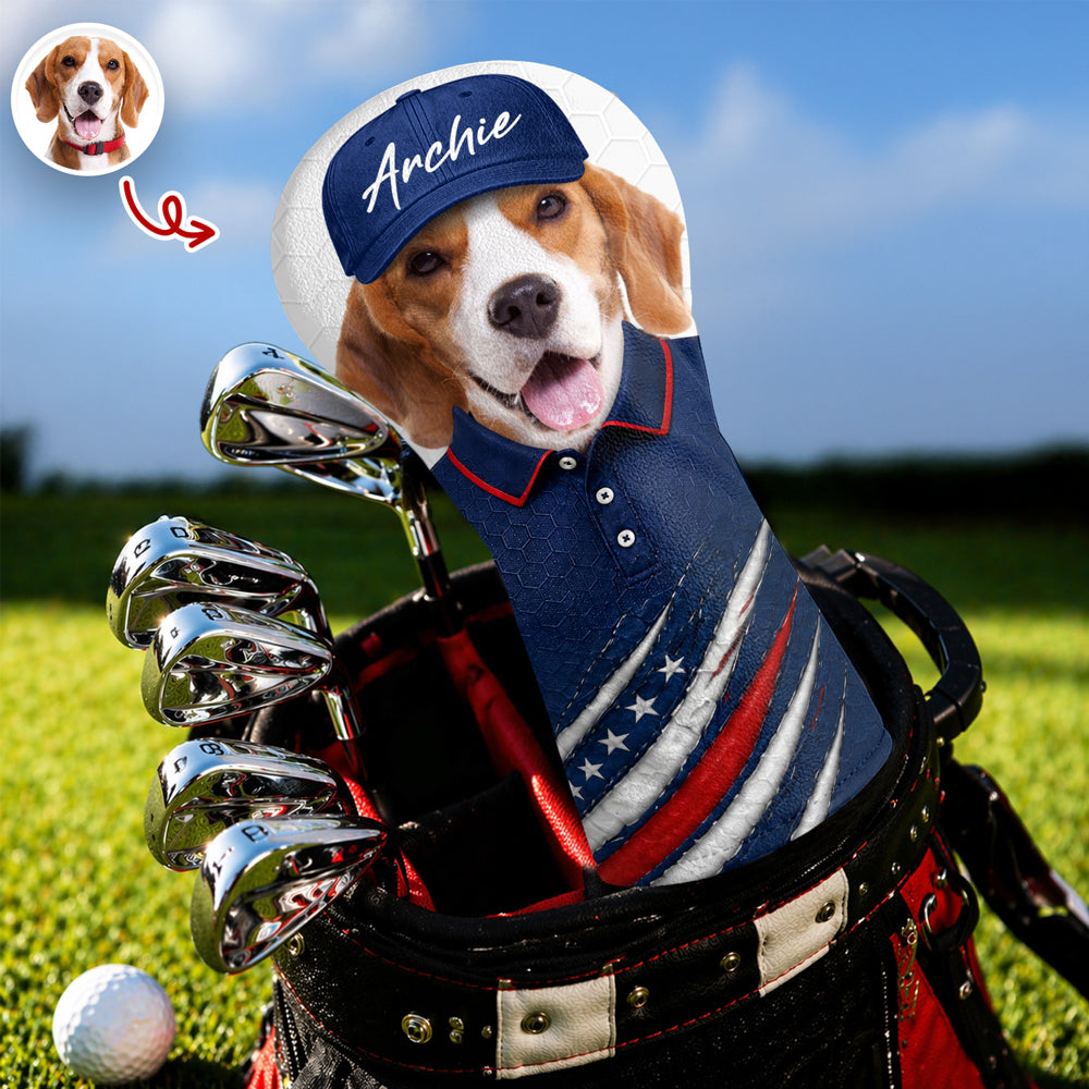 Personalized Pet Photo Golf Head Cover with American Flag Gift for Dog Dad
