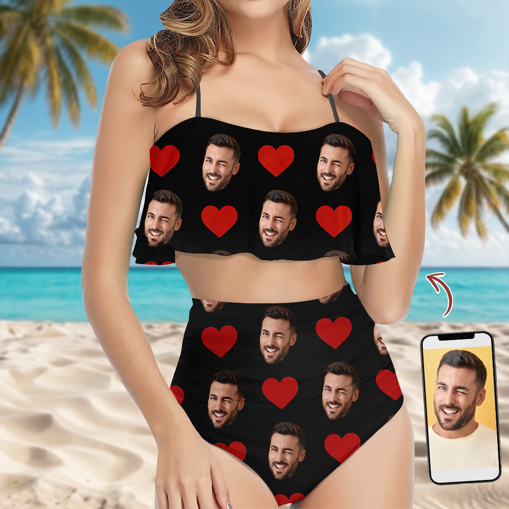 Custom Face Bikini Swimsuit with Heart Pattern Gift for Wife