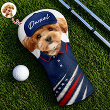 Load image into Gallery viewer, Personalized Pet Photo Golf Head Cover with American Flag Gift for Dog Dad
