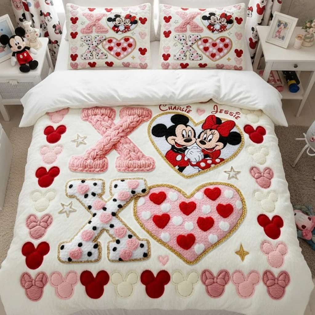 Personalized Mickey Mouse Quilt Bedding Set Custom Name Gift for Couple