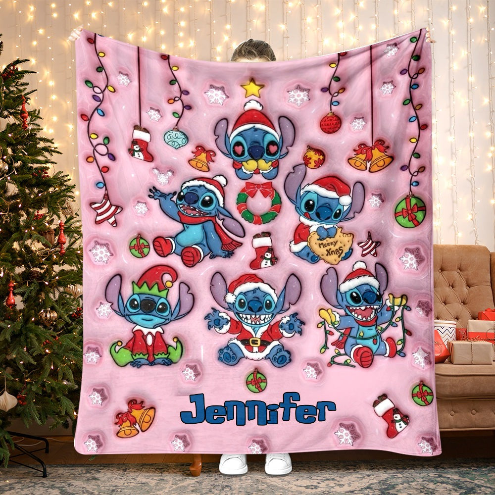 Personalized Christmas Blanket with Cute Stitch Design for Kids - Family Holiday Gift