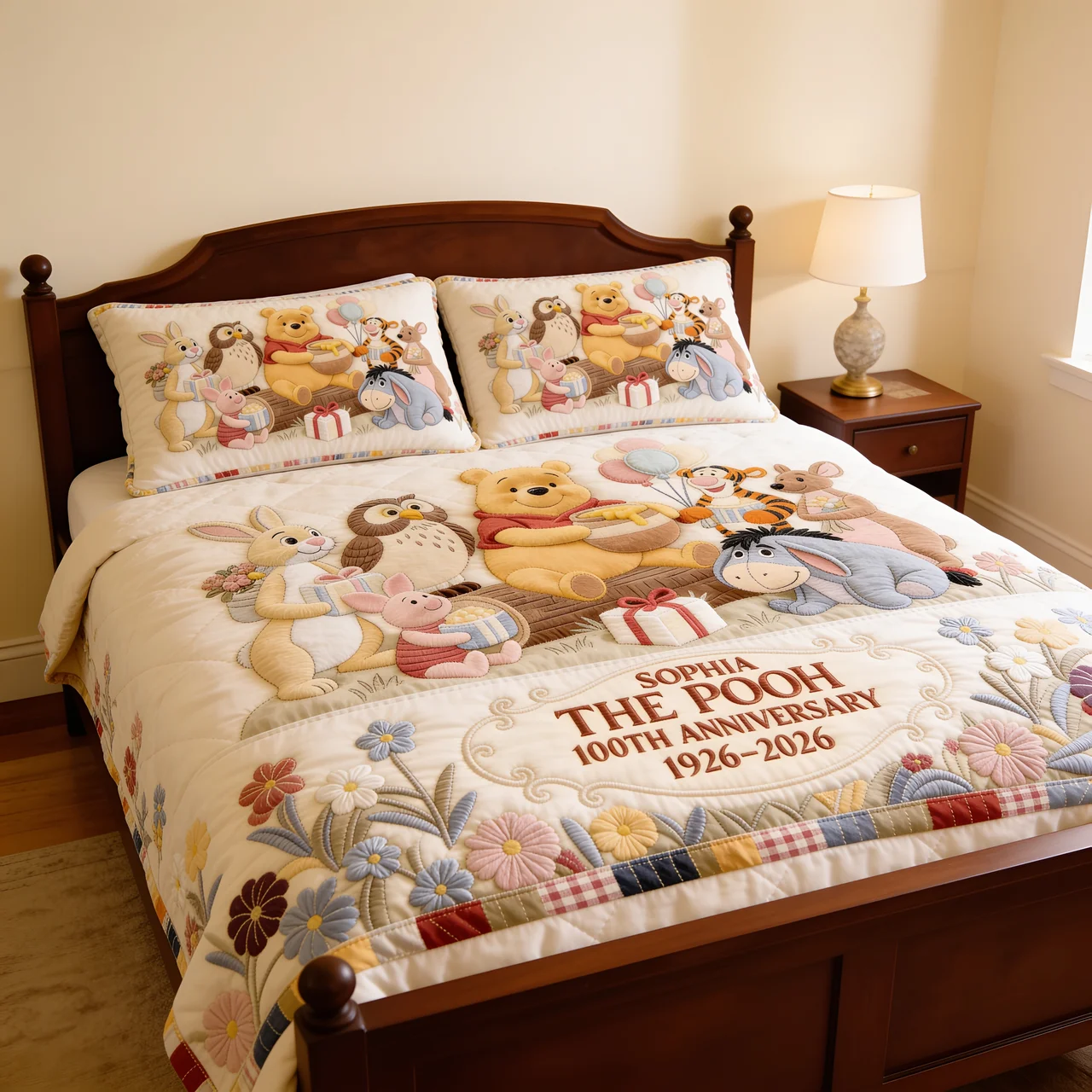 Personalized Winnie the Pooh 100th Anniversary Quilted Bedding Set Gift for Family