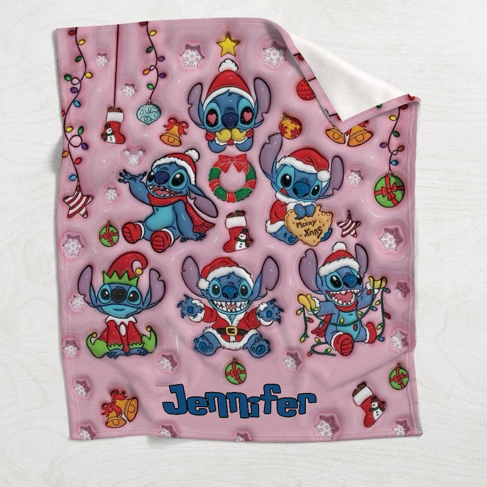 Personalized Christmas Blanket with Cute Stitch Design for Kids - Family Holiday Gift