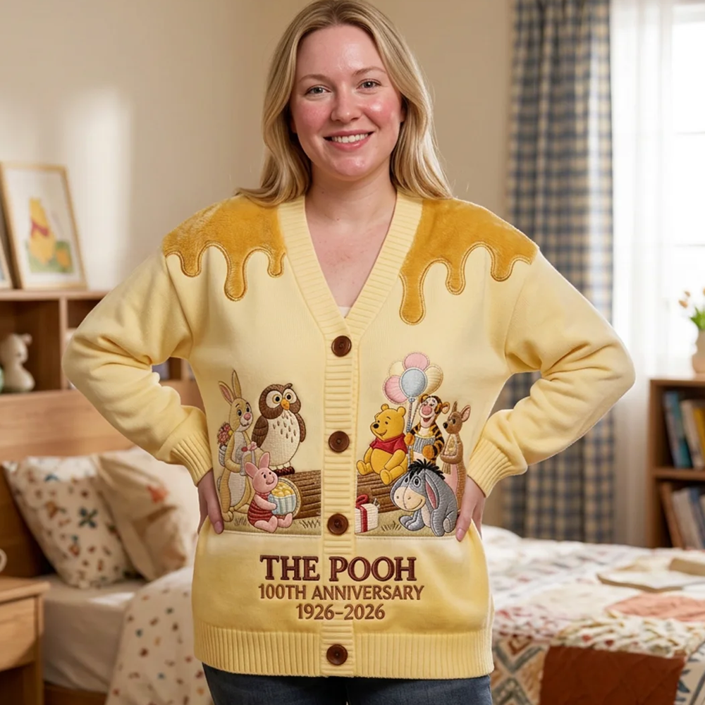 Personalized Knitted Cardigan with Pooh Characters Gift for Her