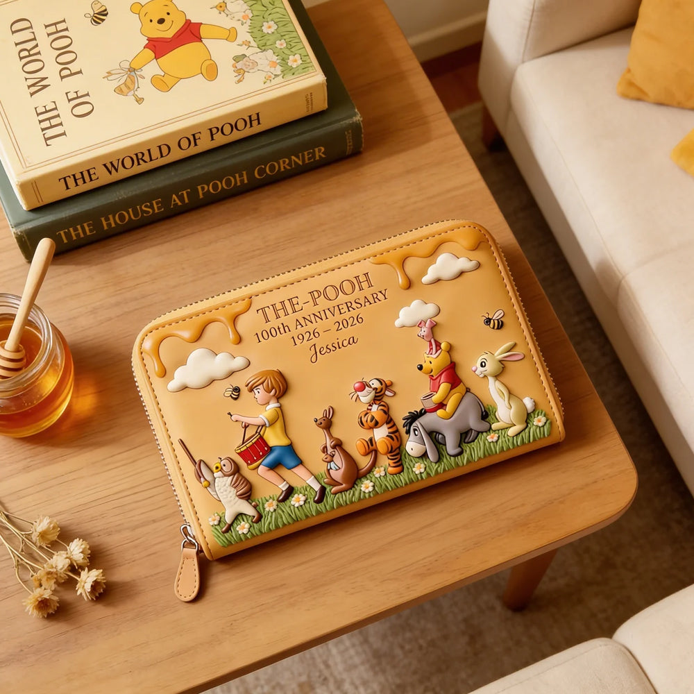 Personalized Leather Long Wallet Disney Pooh 100th Anniversary Gift for Movie Fans