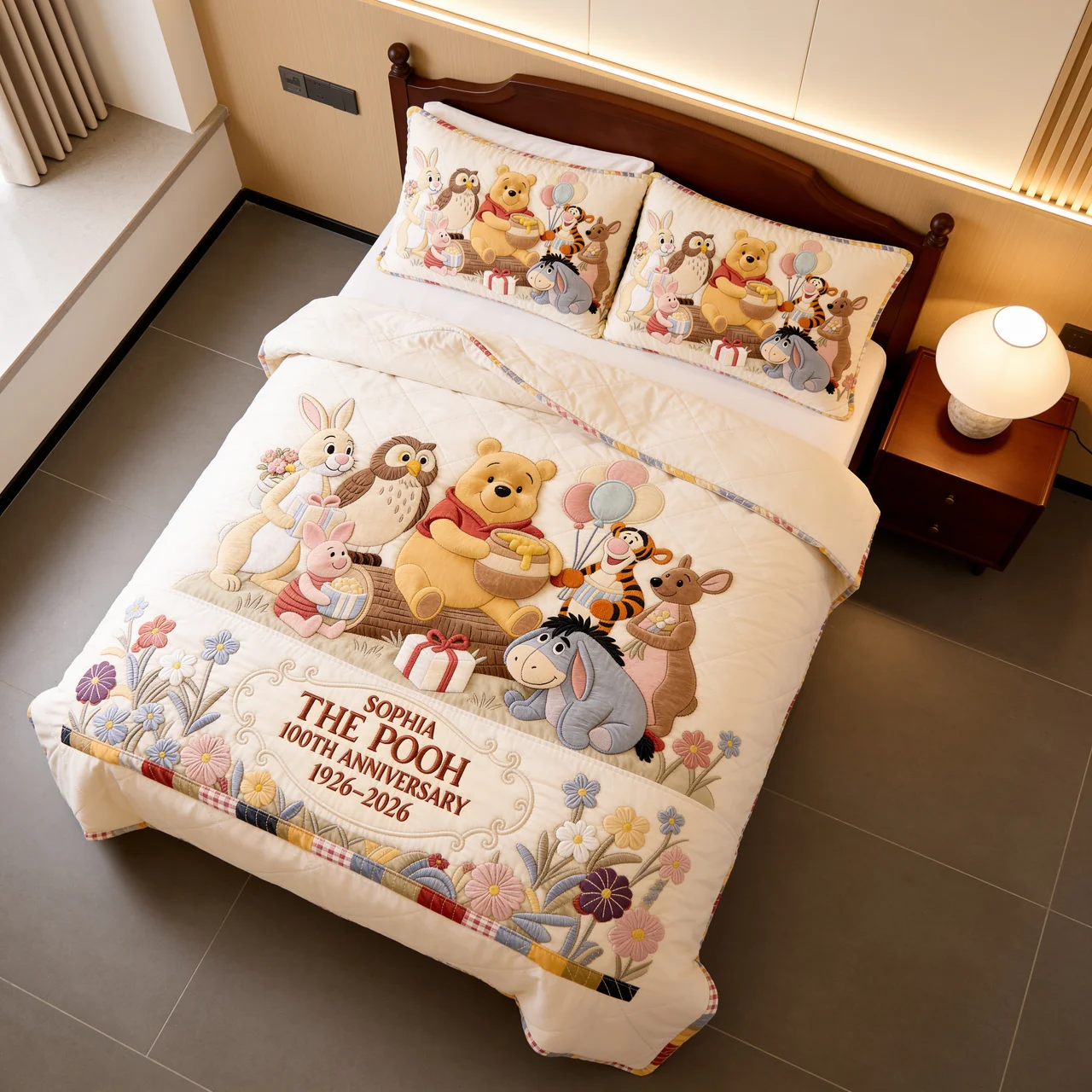 Personalized Winnie the Pooh 100th Anniversary Quilted Bedding Set Gift for Family