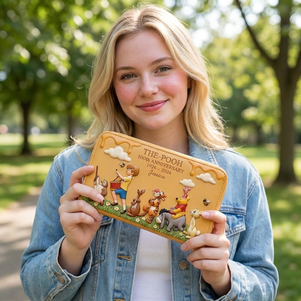 Personalized Leather Long Wallet Disney Pooh 100th Anniversary Gift for Movie Fans