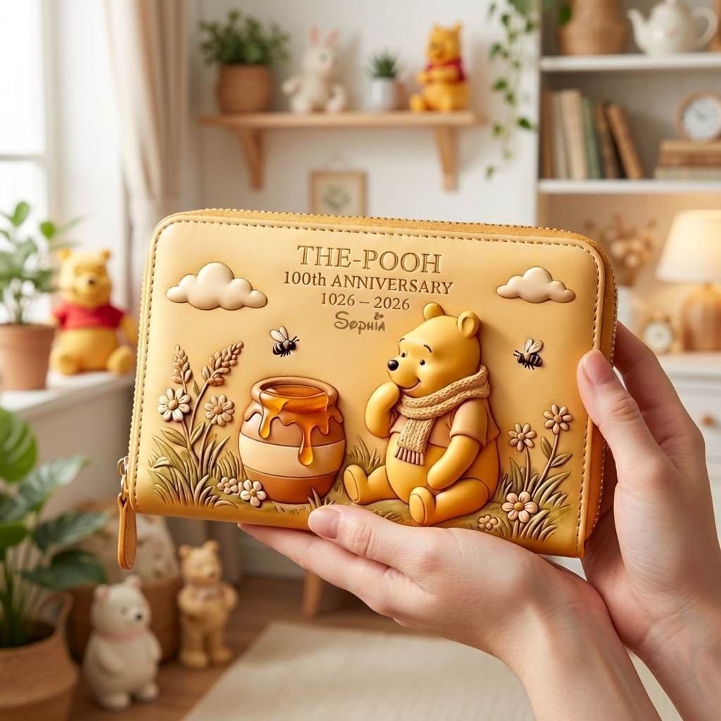 Personalized Pooh 100th Anniversary Leather Wallet Set Gift for Fans