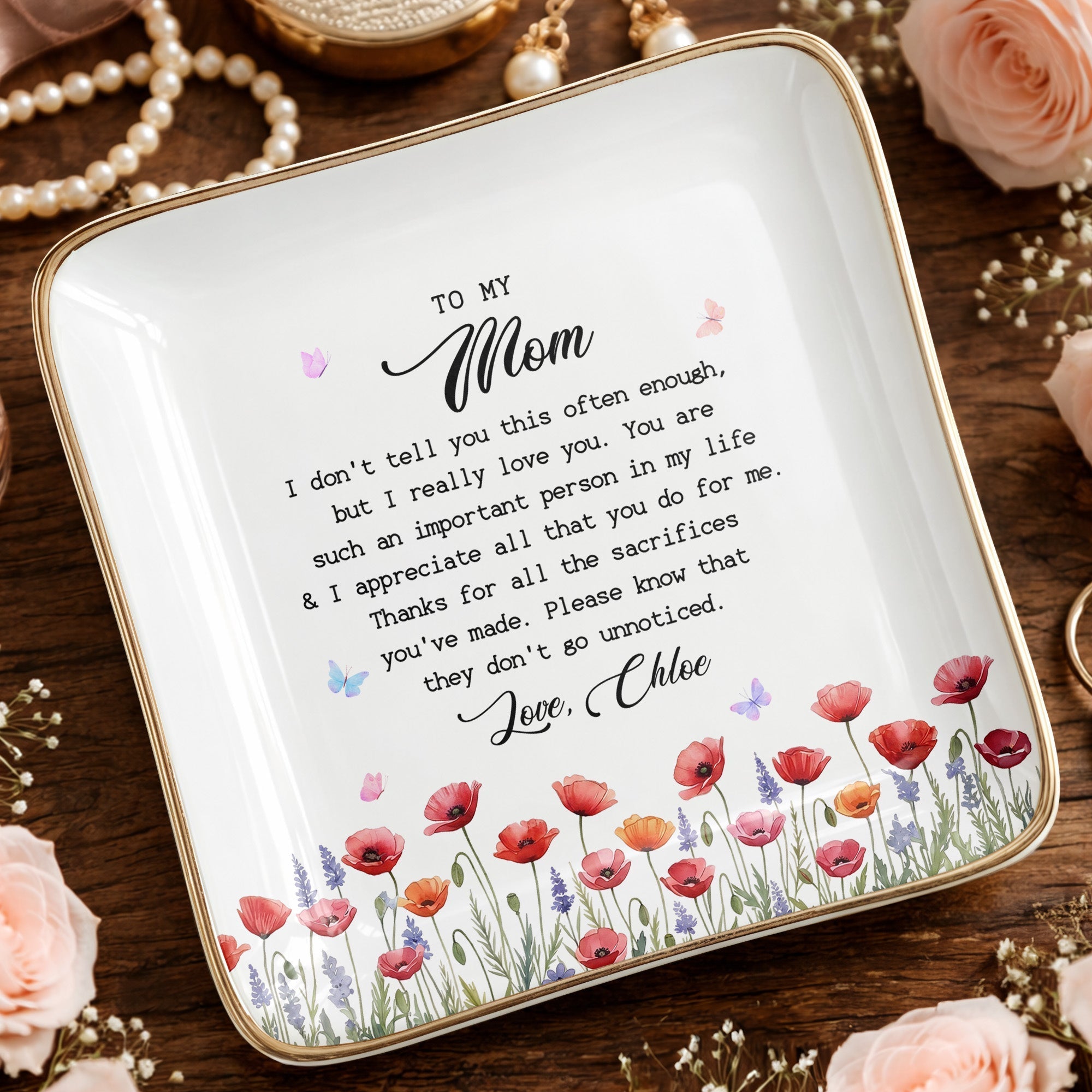 Personalized Ceramic Jewelry Dish Birth Month Flowers Gift for Mom