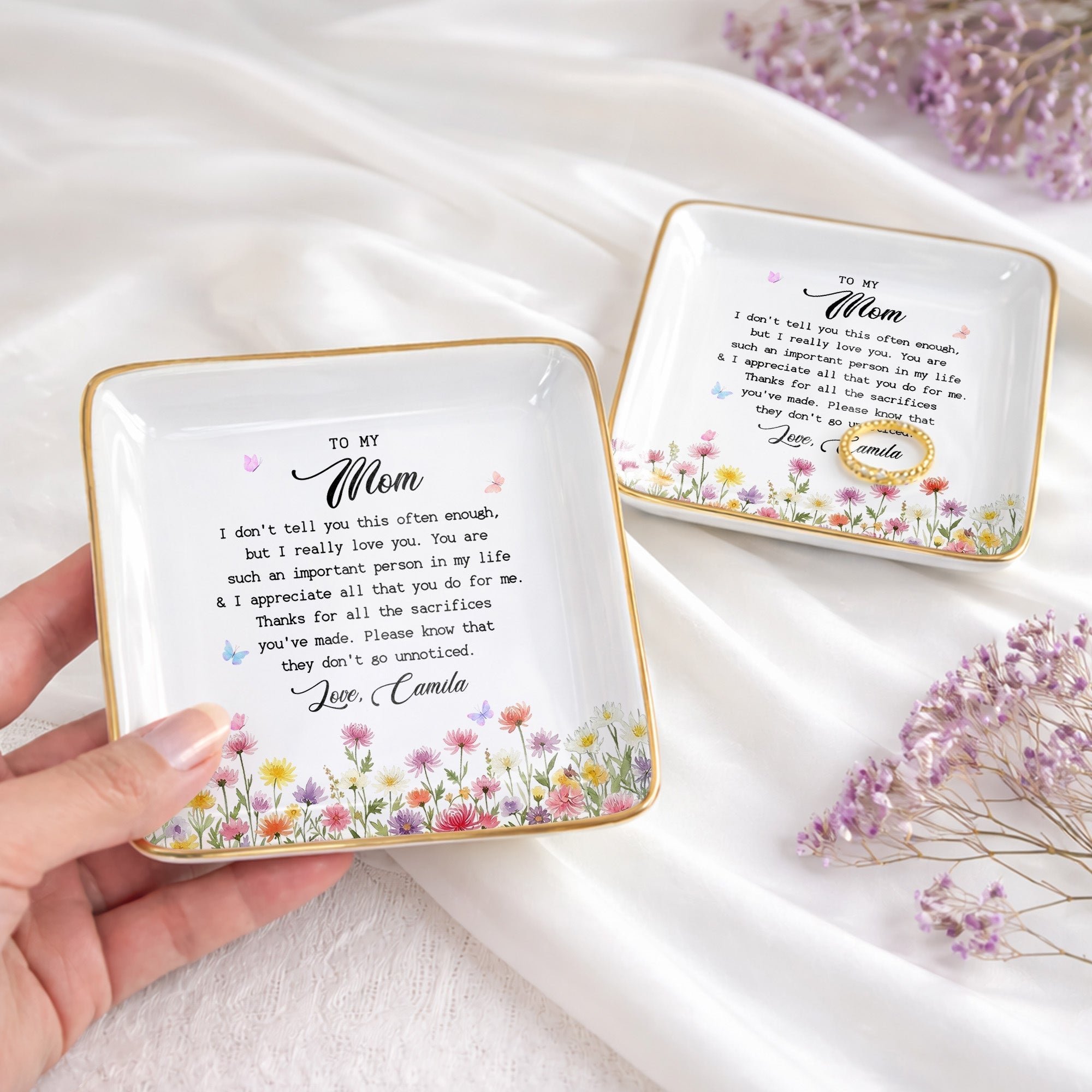 Personalized Ceramic Jewelry Dish Birth Month Flowers Gift for Mom