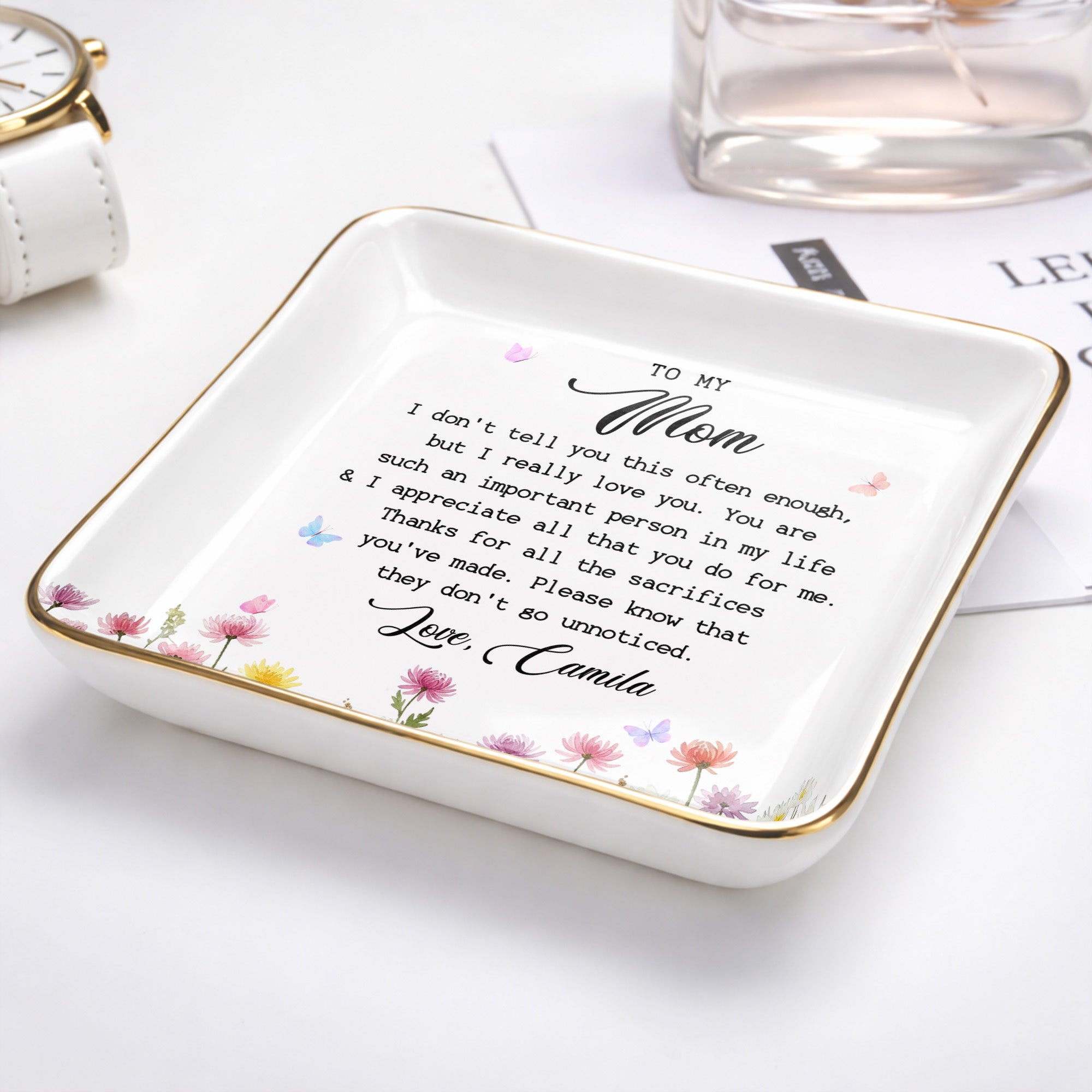 Personalized Ceramic Jewelry Dish Birth Month Flowers Gift for Mom