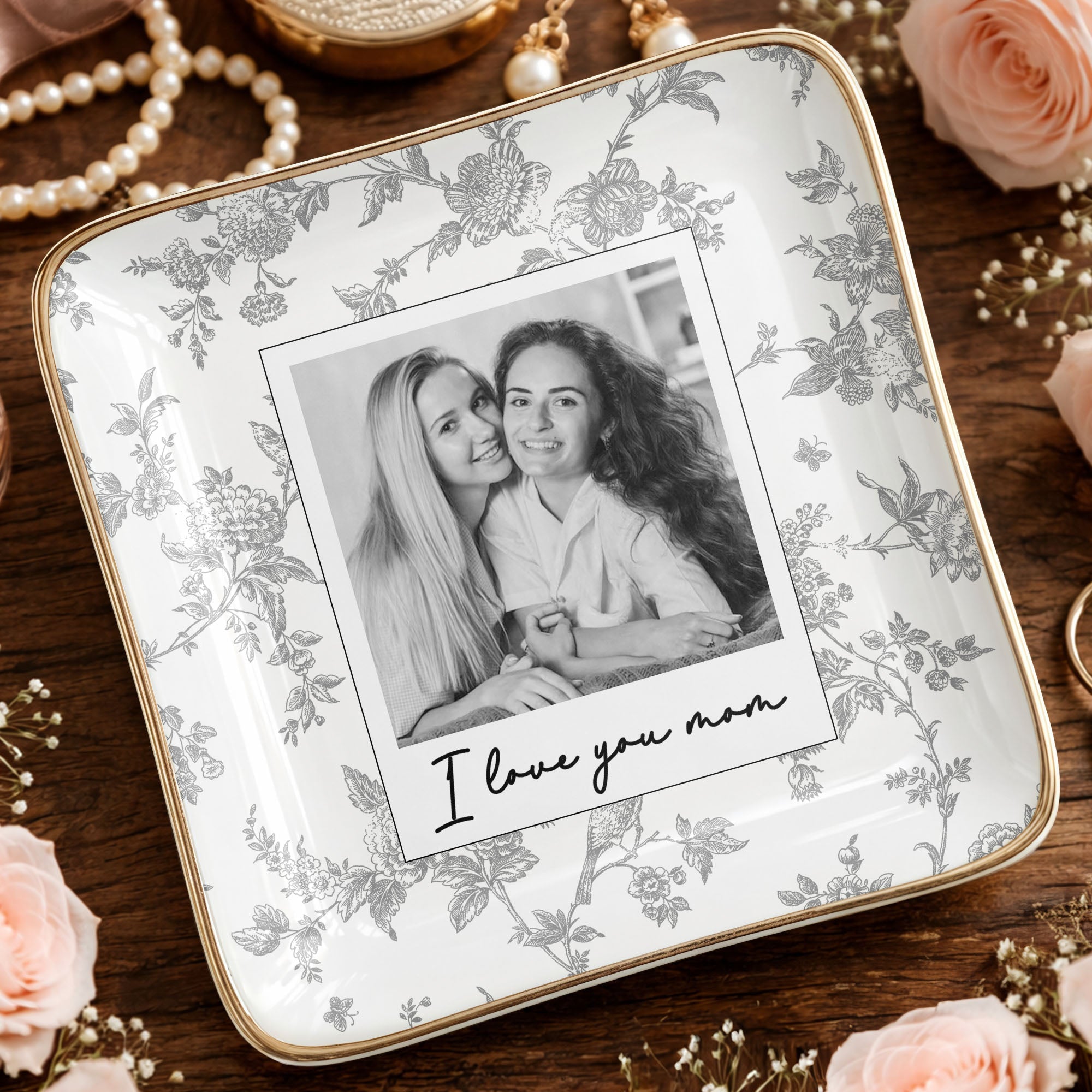 Personalized Floral Jewelry Dish Custom Photo Gift for Mom