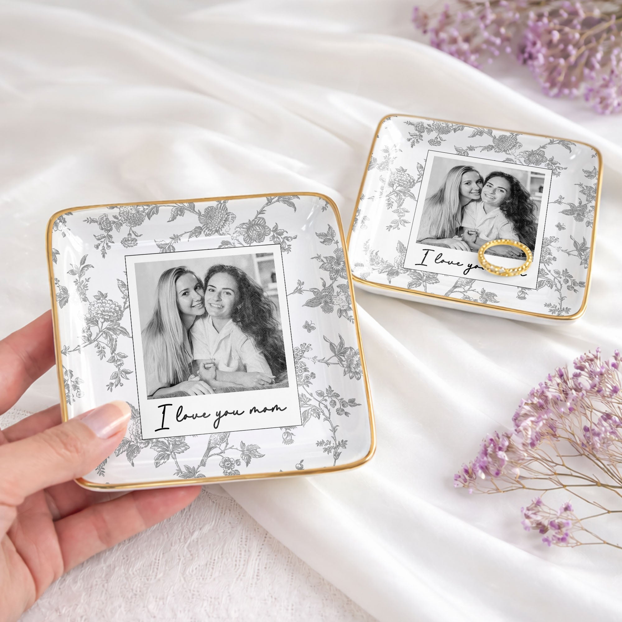 Personalized Floral Jewelry Dish Custom Photo Gift for Mom