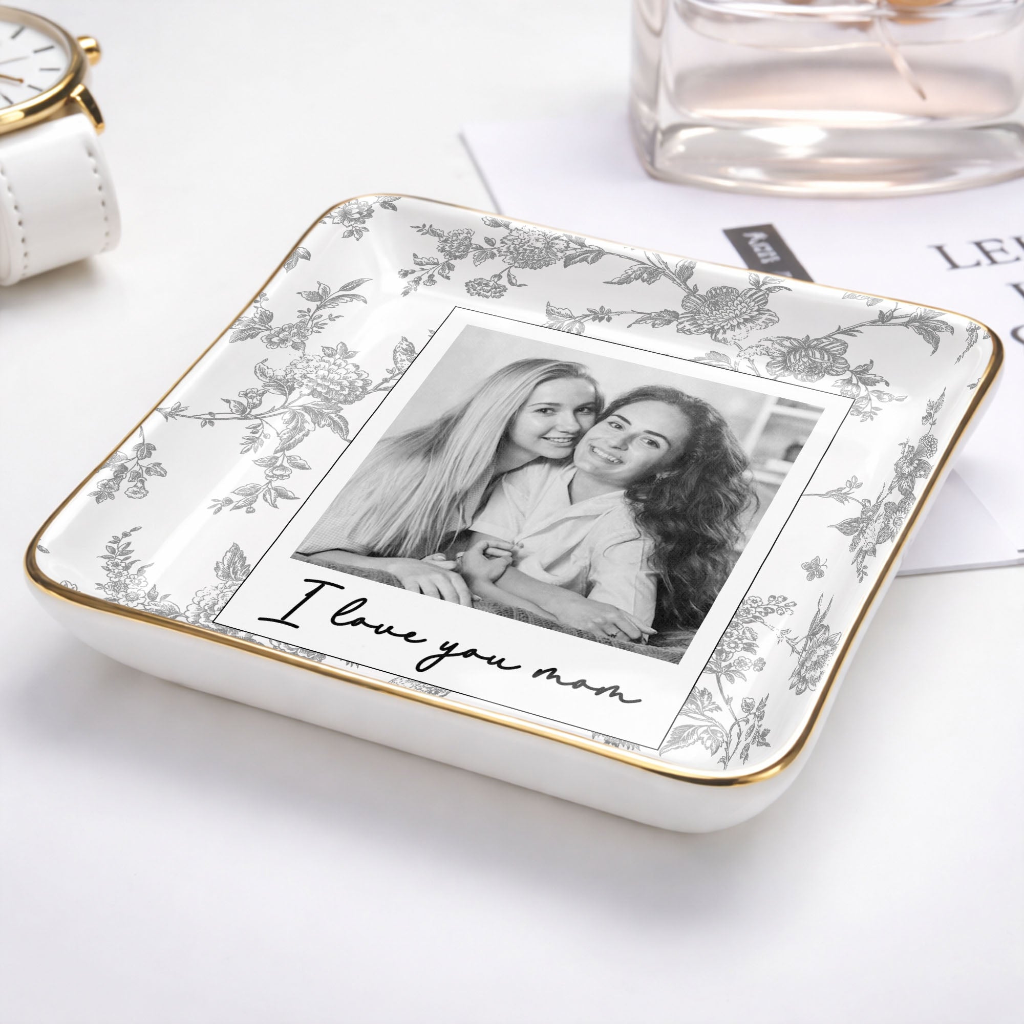 Personalized Floral Jewelry Dish Custom Photo Gift for Mom