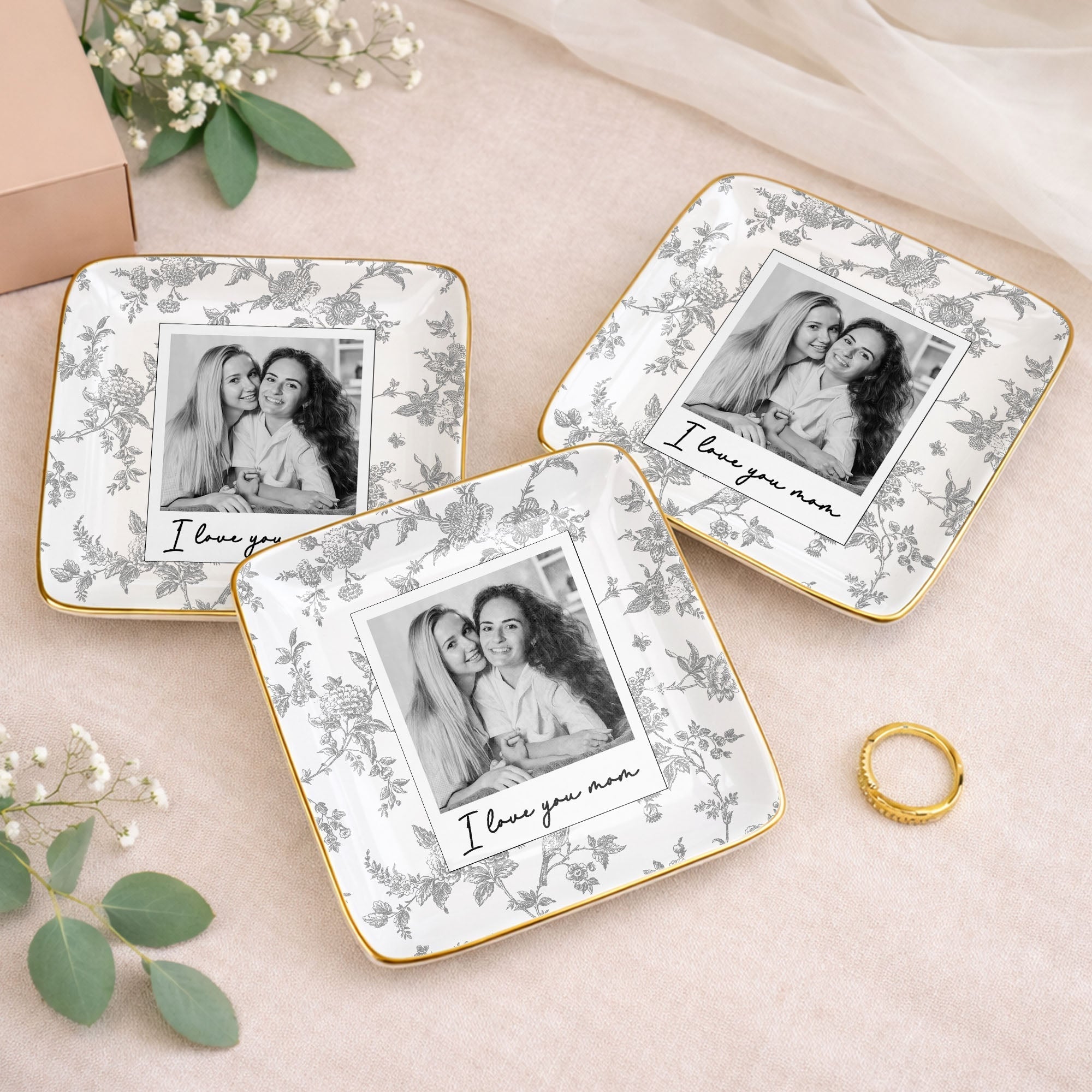 Personalized Floral Jewelry Dish Custom Photo Gift for Mom
