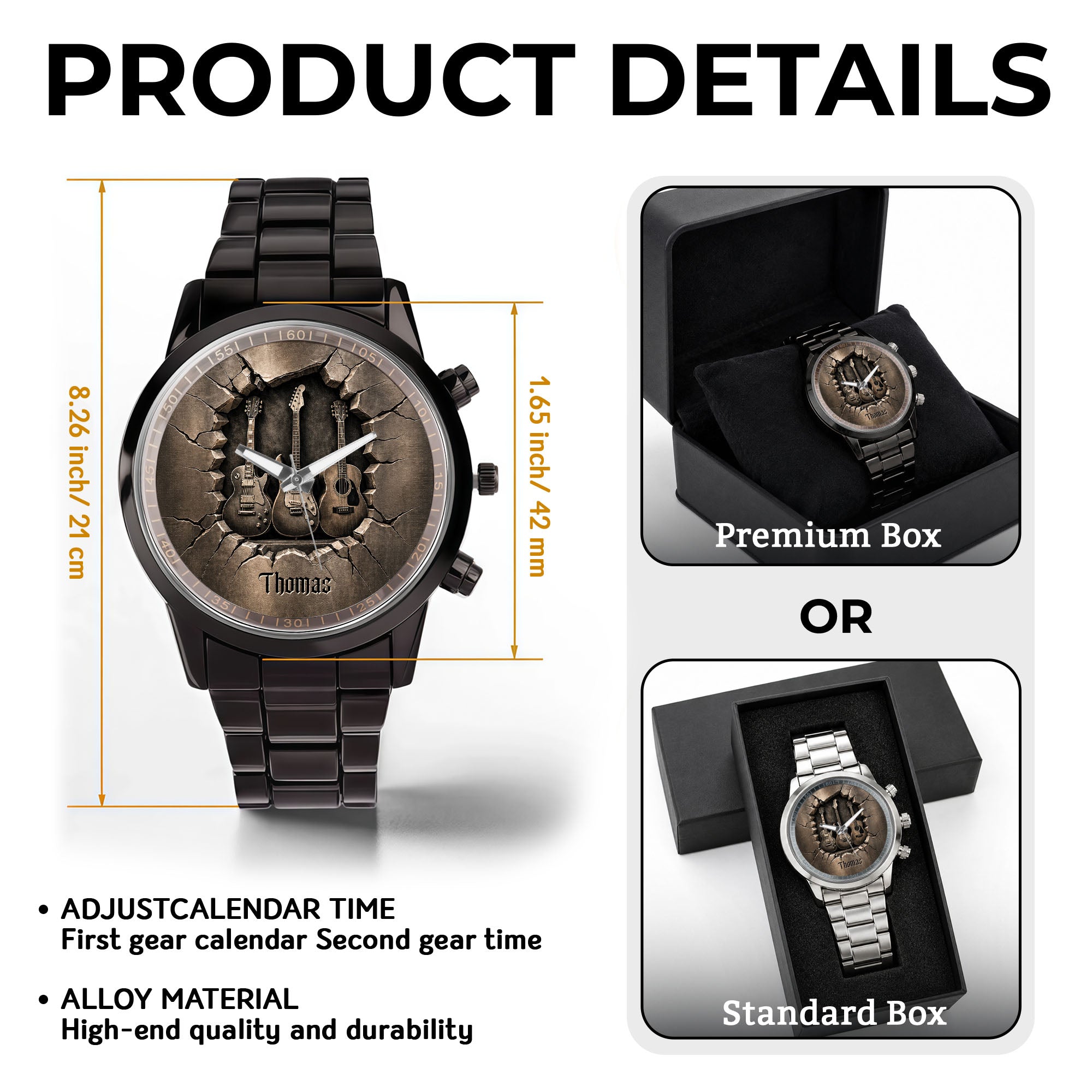 Personalized 3D Guitar Design Men's Watch Custom Name Gift