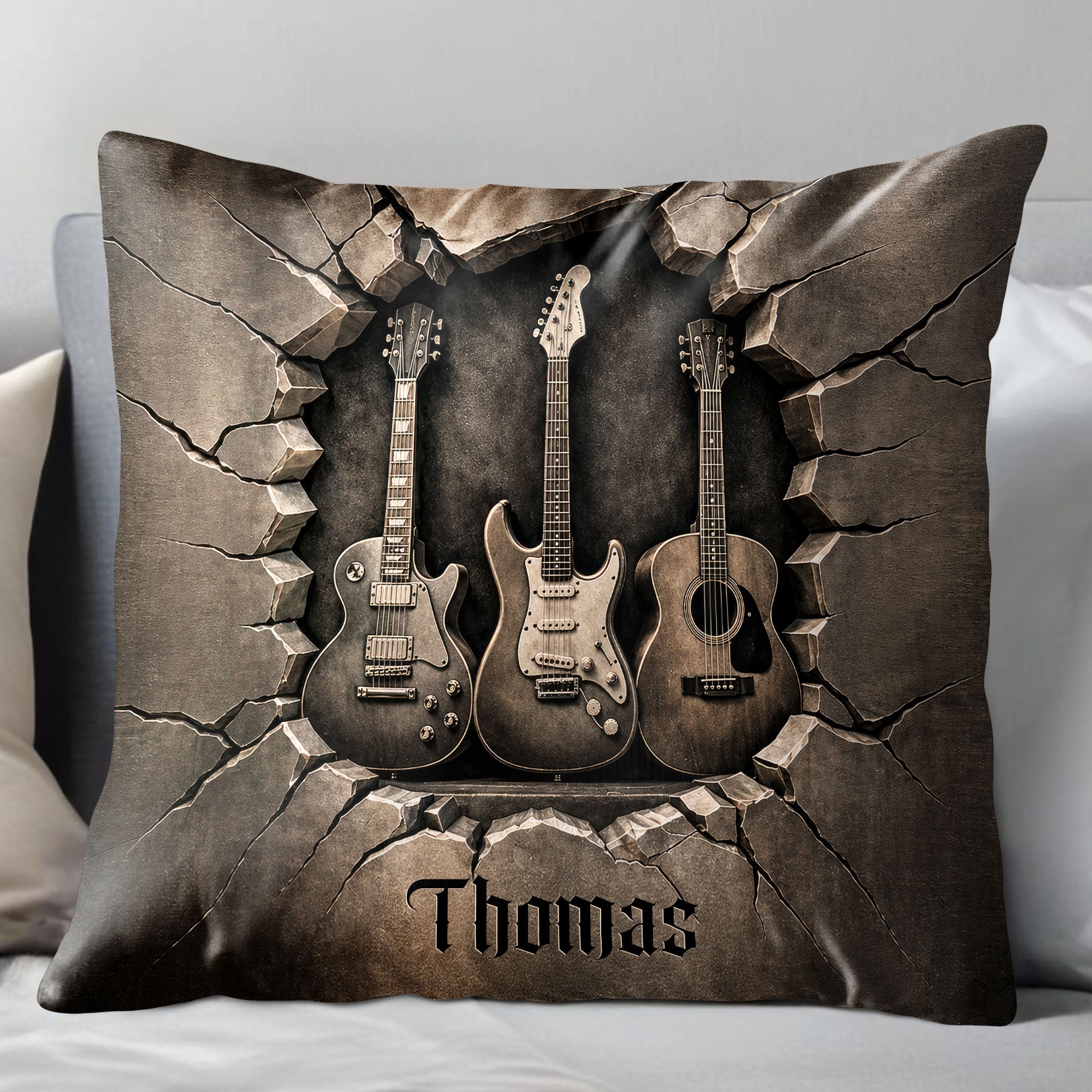 Personalized Guitar Lover Pillow Custom Name 3D Stone Effect Gift