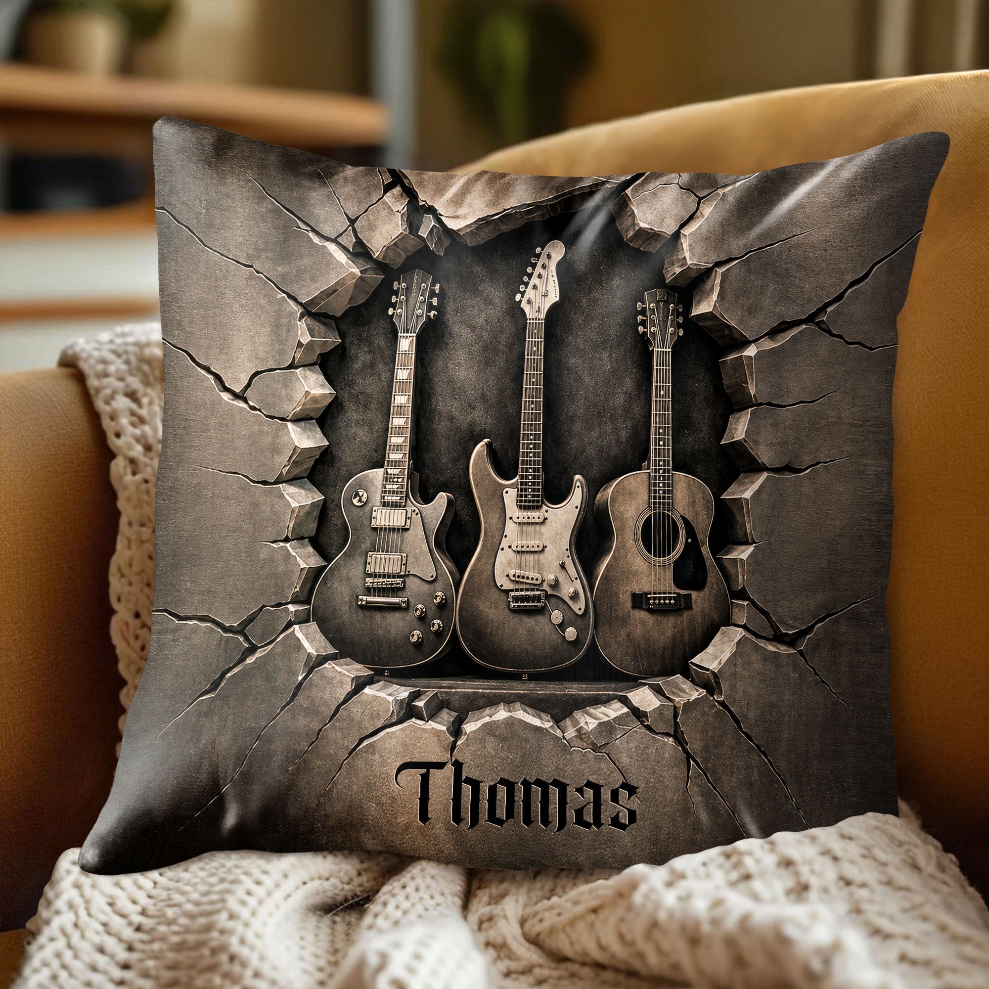 Personalized Guitar Lover Pillow Custom Name 3D Stone Effect Gift