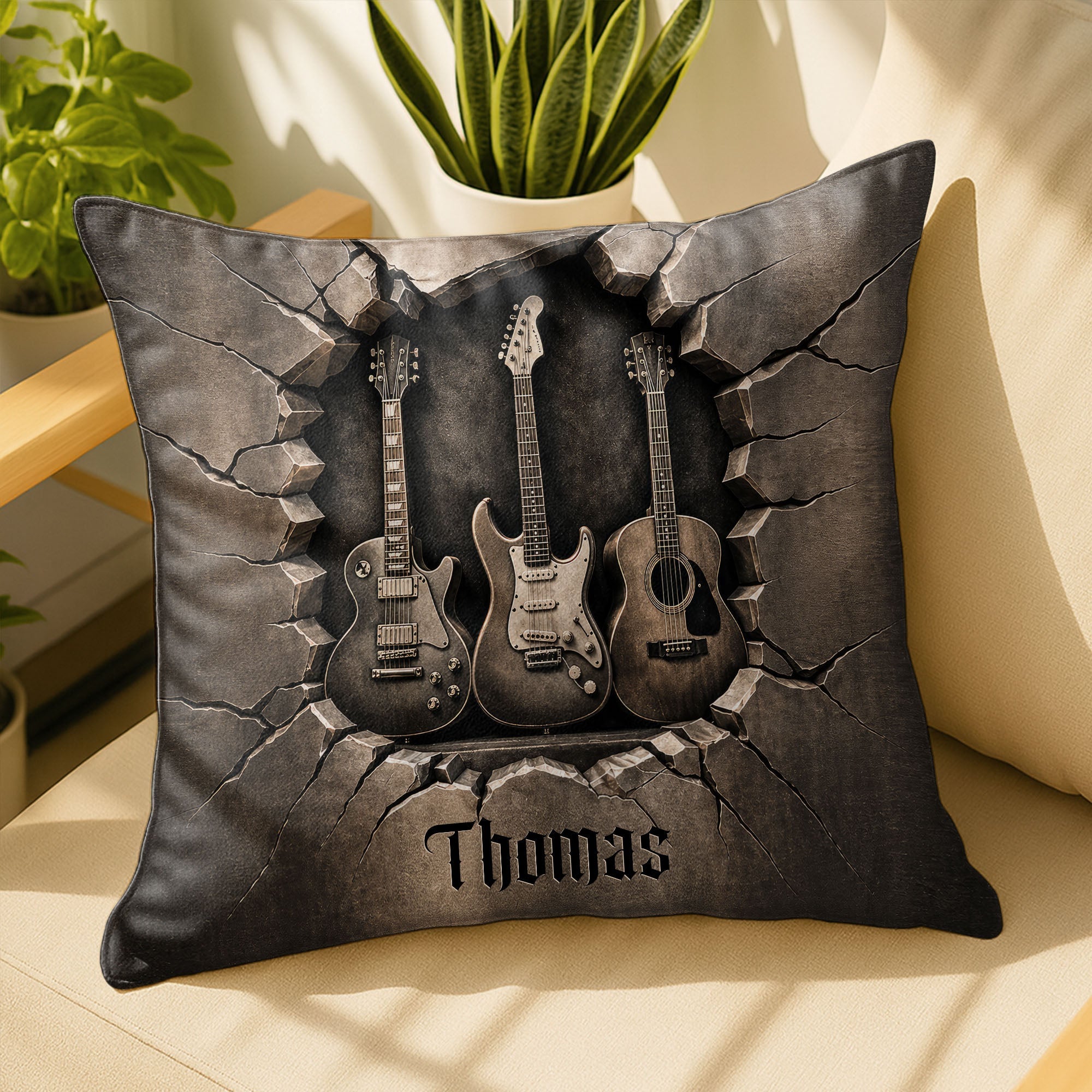Personalized Guitar Lover Pillow Custom Name 3D Stone Effect Gift